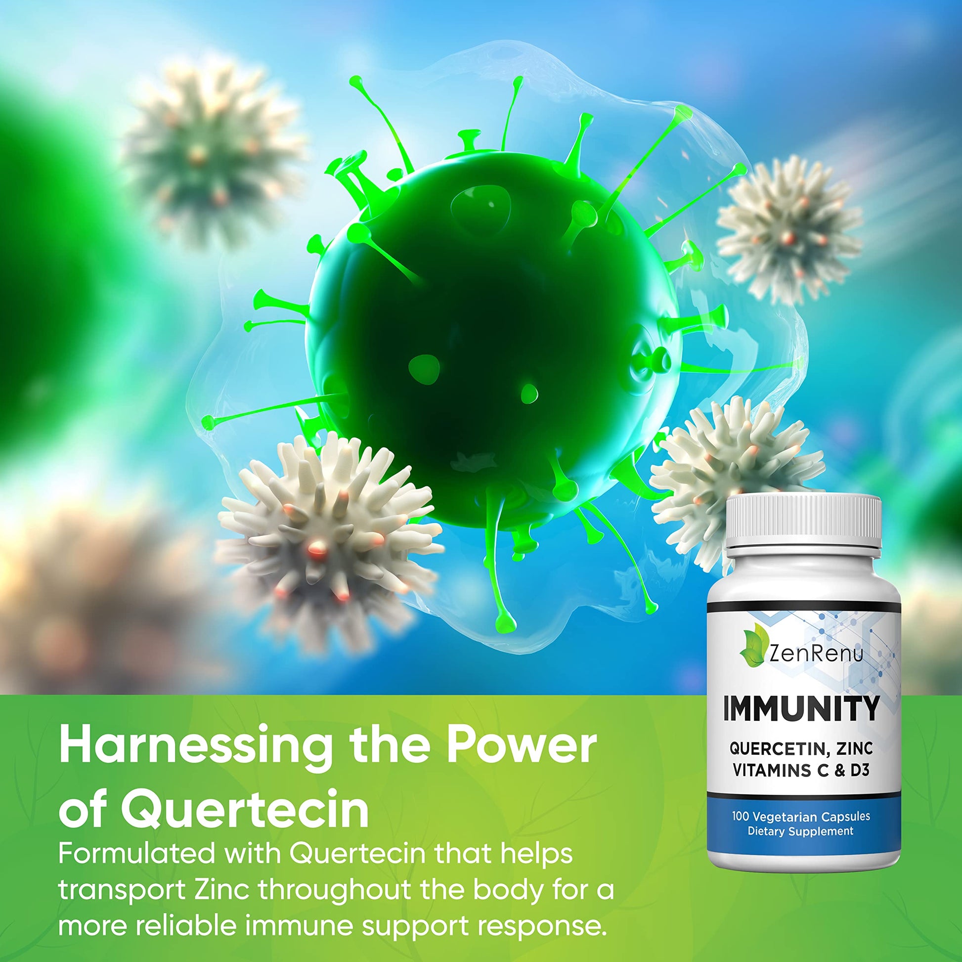 Zenrenu Immunity Quercetin 700 mg Zinc Vitamin C Vitamin D Immune Support Supplement with Curcumin - Easy to Absorb Immunity Supplement, 100 Vegetarian Capsules 50 Day Supply Zenrenu Au supplements