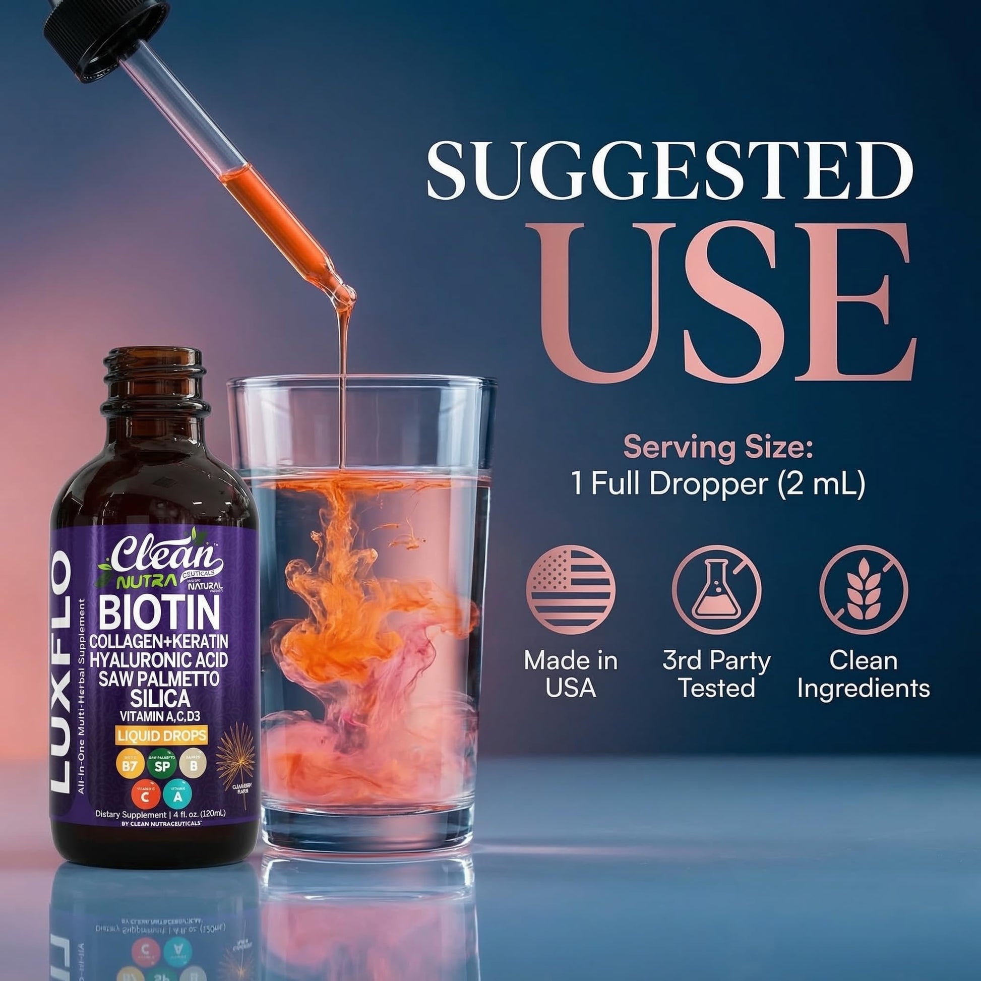 Liquid Biotin & Collagen Keratin Hyaluronic Acid Saw Palmetto Drops Vitamins for Hair Growth Support Silica Vitamin A C D Bamboo Turmeric Zinc Folate Magnesium Horsetail LuxFlo By Clean Nutra Clean Nutraceuticals Au supplements