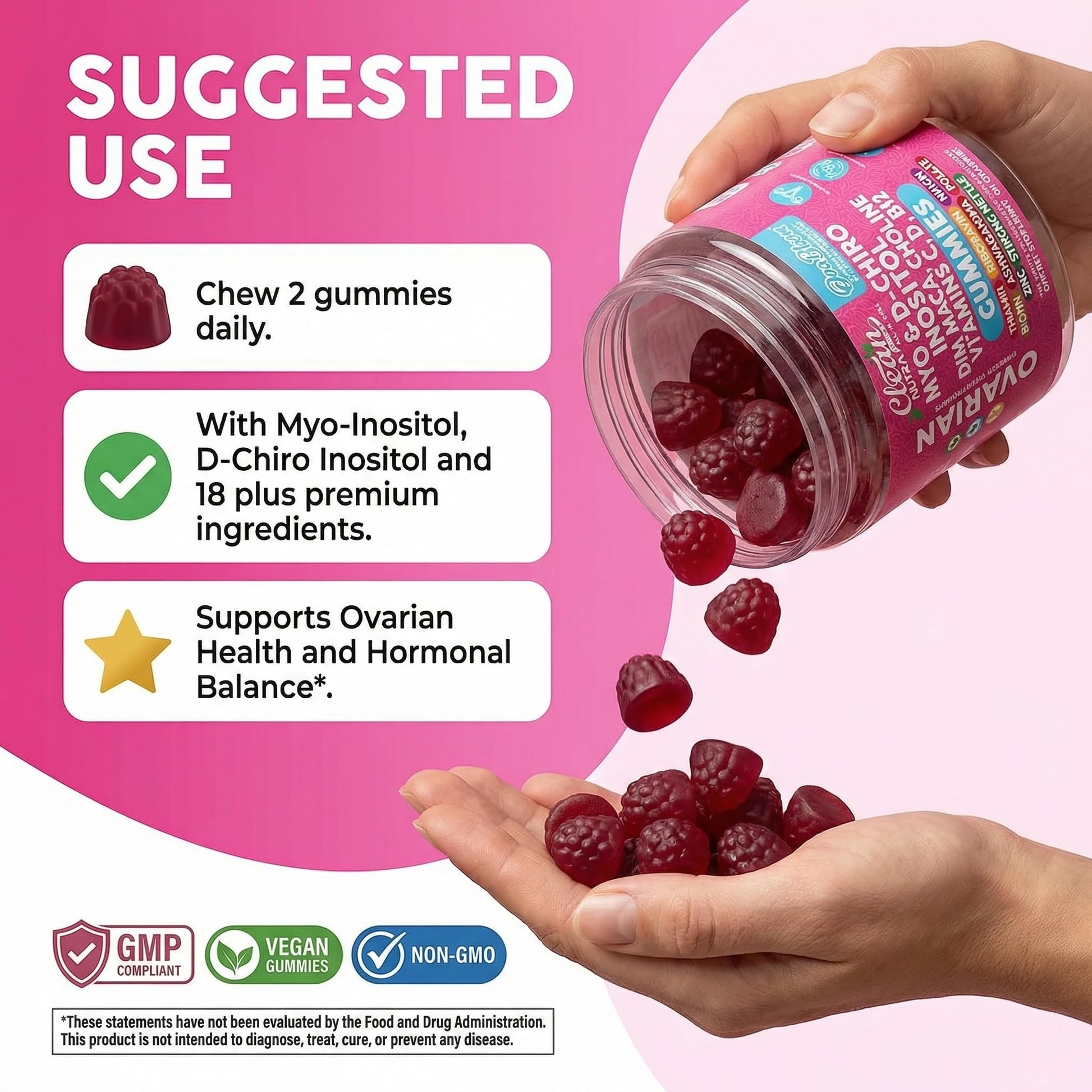 OVA Bloom Ovarian Support Gummies Myo Inositol D-Chiro Inositol Choline Flax Biotin Riboflavin Thiamin Niacin Ashwagandha DIM Maca Root Vitamin C D3 B12 Zinc 60 Count By Clean Nutra Clean Nutraceuticals Au supplements