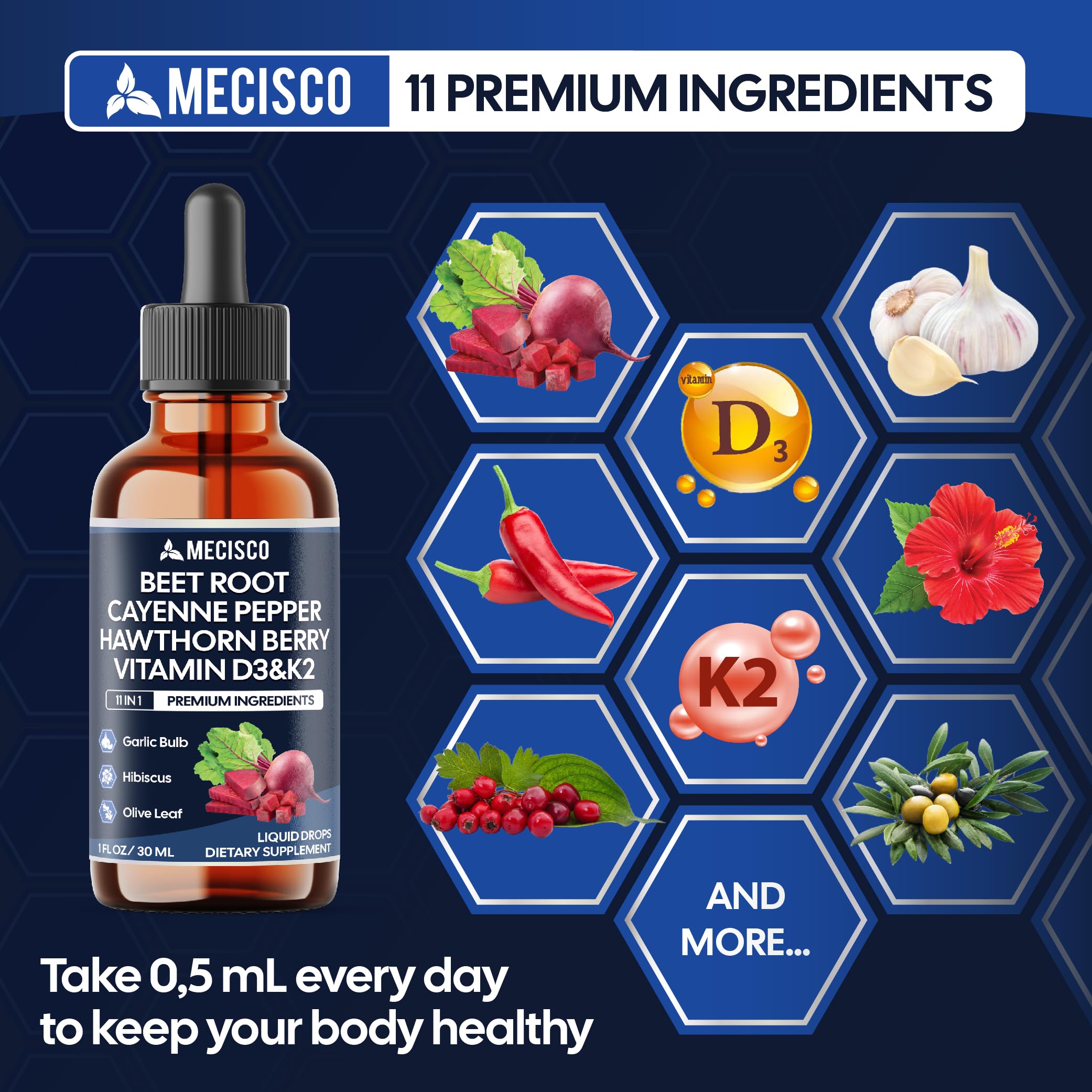 11in1 Beet Root Liquid Drops - Support Overall Wellness - with Vitamin D3, Vitamin K2, Hawthorn Berry, Cayenne Pepper, Garlic, Hibiscus, Olive, Red Spinach, Green Tea - 1 FL Oz - 60 Day Supply Mecisco Au supplements