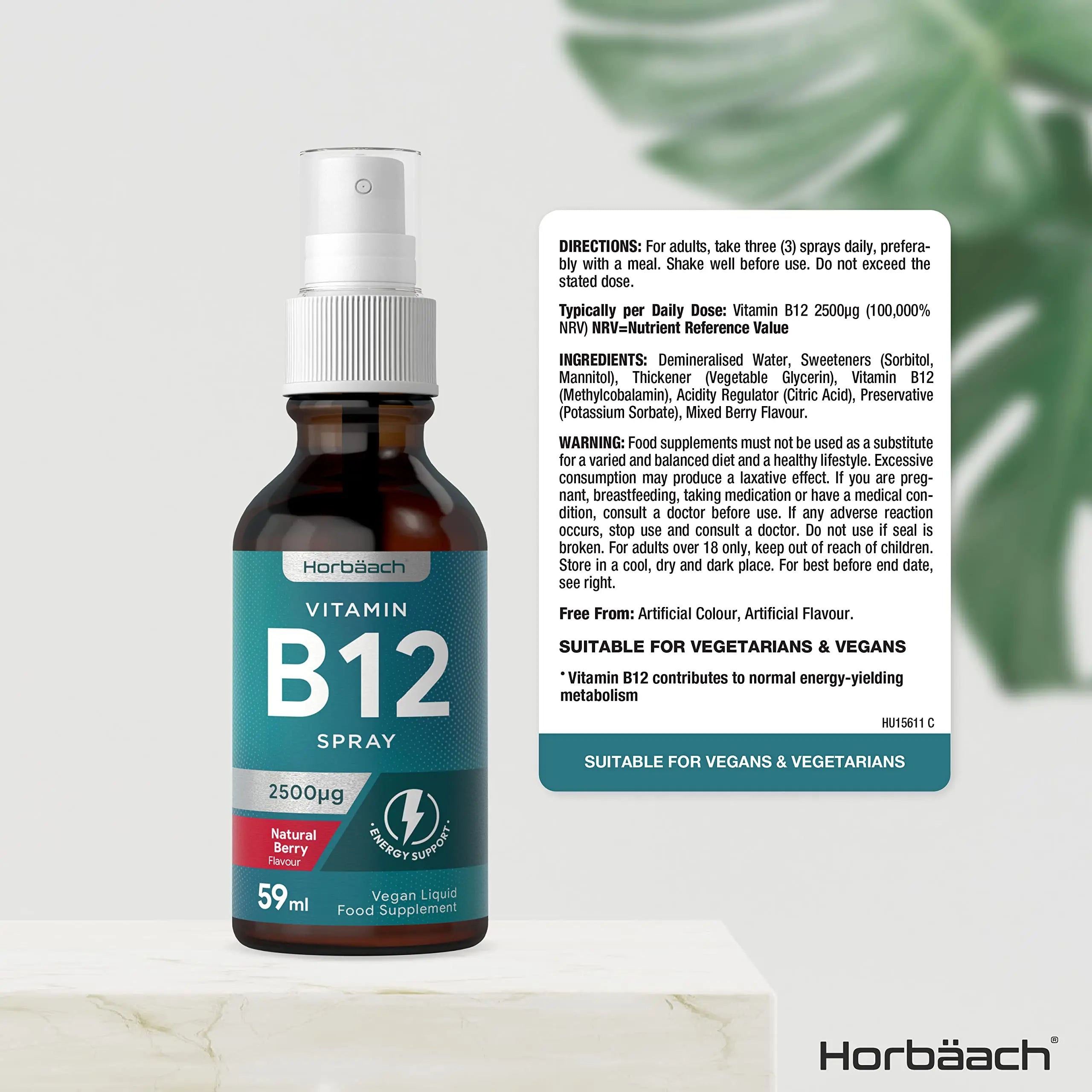 Vitamin B12 Spray 2500mcg | 59ml | High Strength Supplement | Natural Berry Flavour Horbäach Au supplements