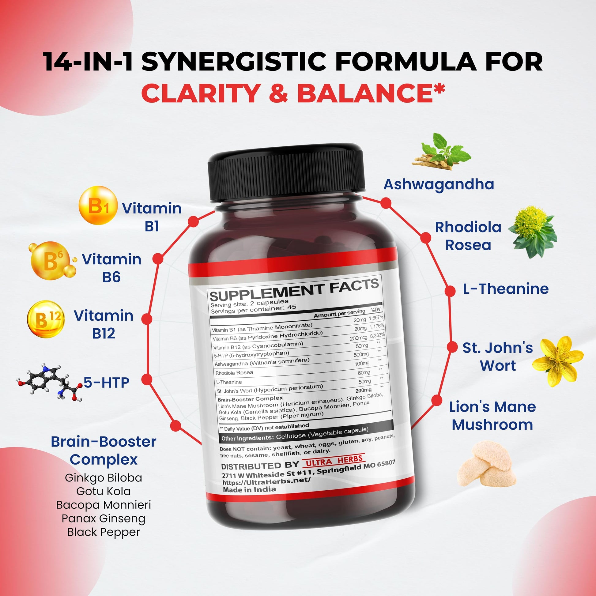 Dopamine Focus Supplement Ashwagandha 5-HTP Rhodiola Rosea St. John's Wort - Increase Memory Clarity Focus Restore Relax with VIT B1, B6, B12, L-Theanine ULTRA HERBS Au supplements