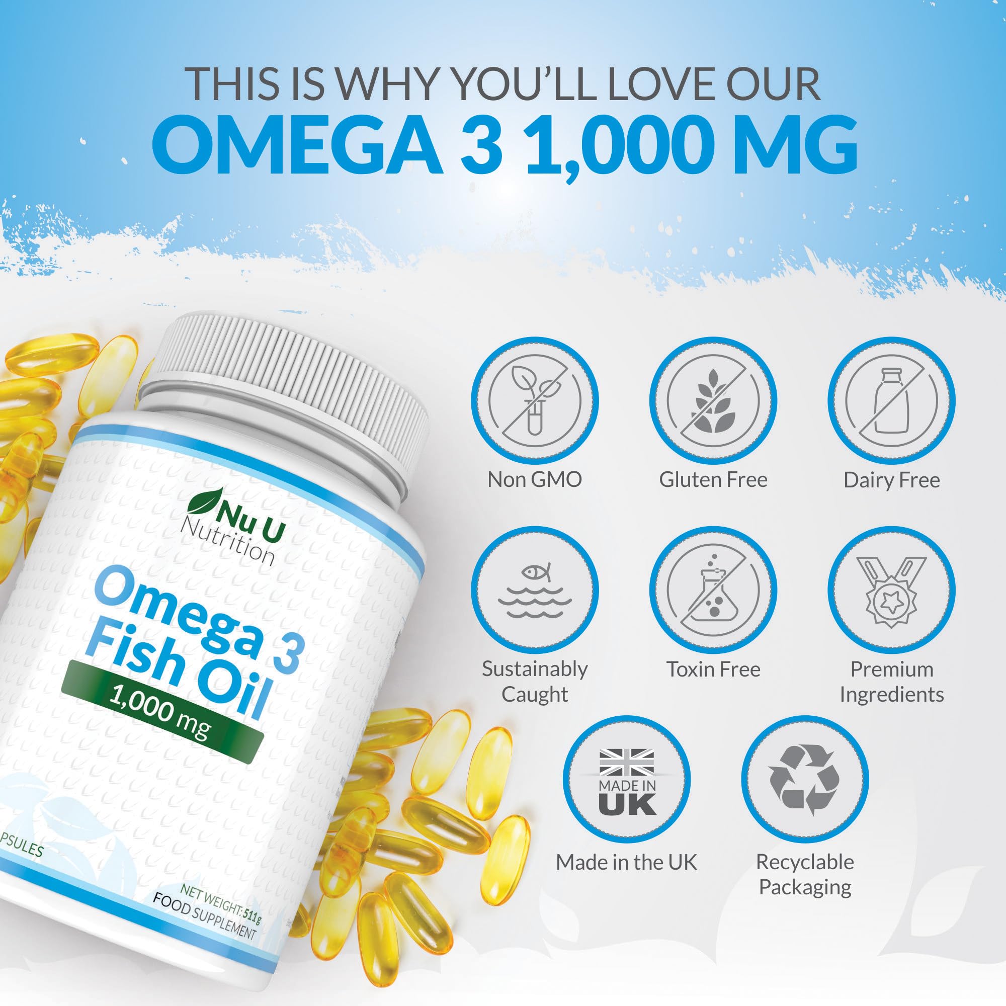 Omega 3 Fish Oil 1000mg - 365 Softgel Capsules - Up to 12 Month’s Supply - Pure Fish Oil Nu U Nutrition Au supplements