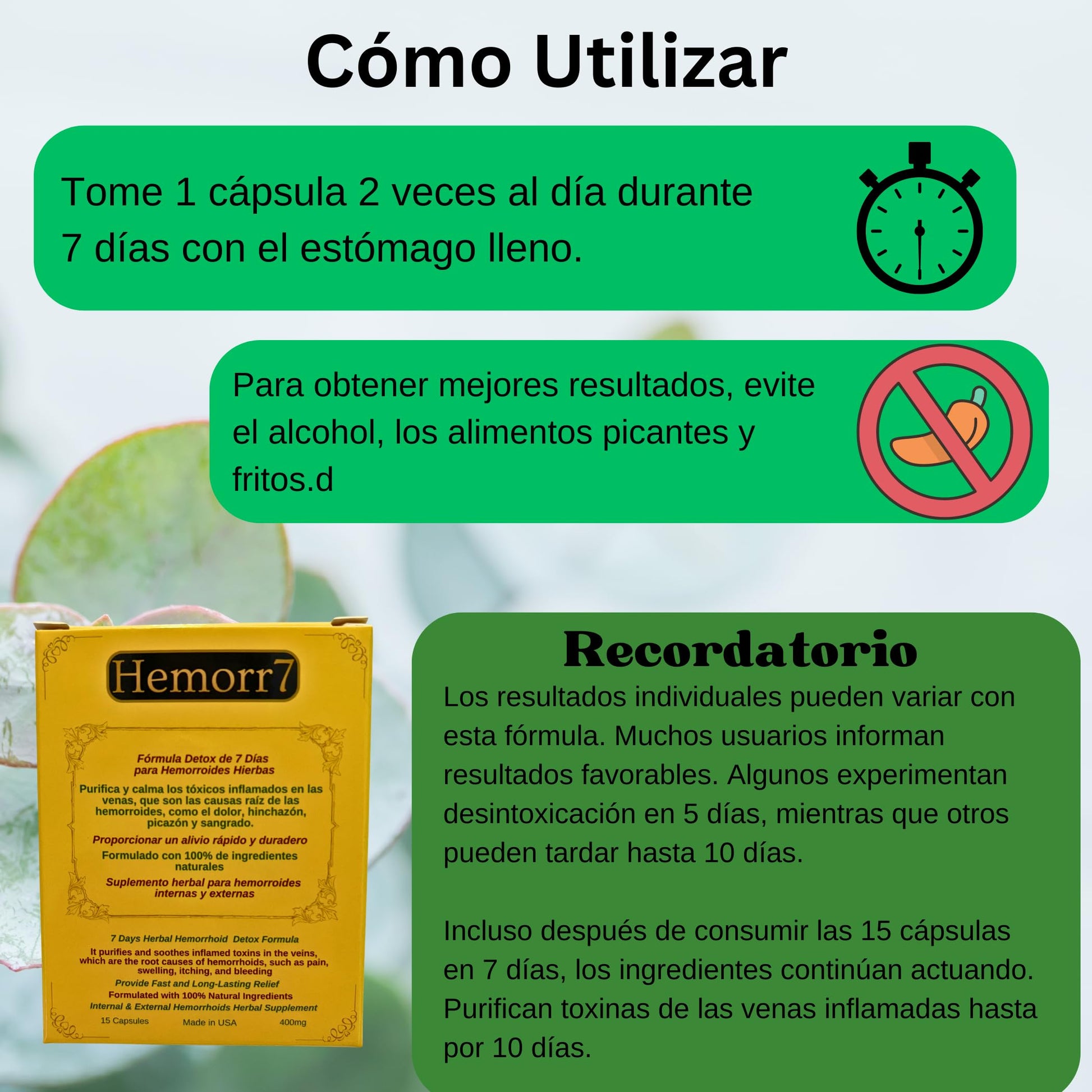Hemorr7: 7Days 15 Capsules Herbal Hemorrhoid Detox Formula,Fórmula Herbal para desintoxicar las hemorroides Durante 7 días Generic Au supplements