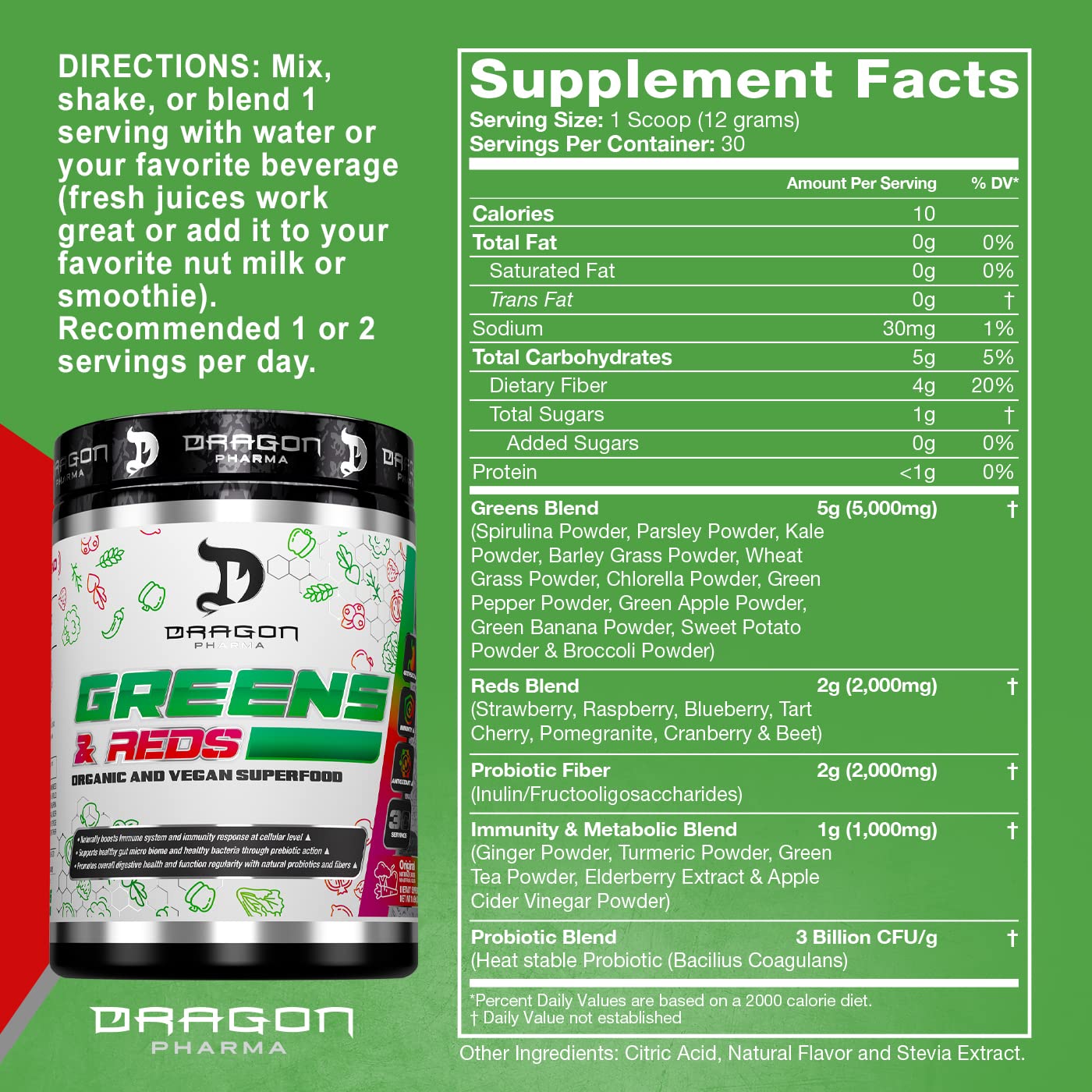 DRAGON PHARMA Greens and Reds, Over 23 Nutritious Superfoods, Reds and Vegetables, Optimal Health and Wellness (30 Servings, Original) DRAGON PHARMA Au supplements