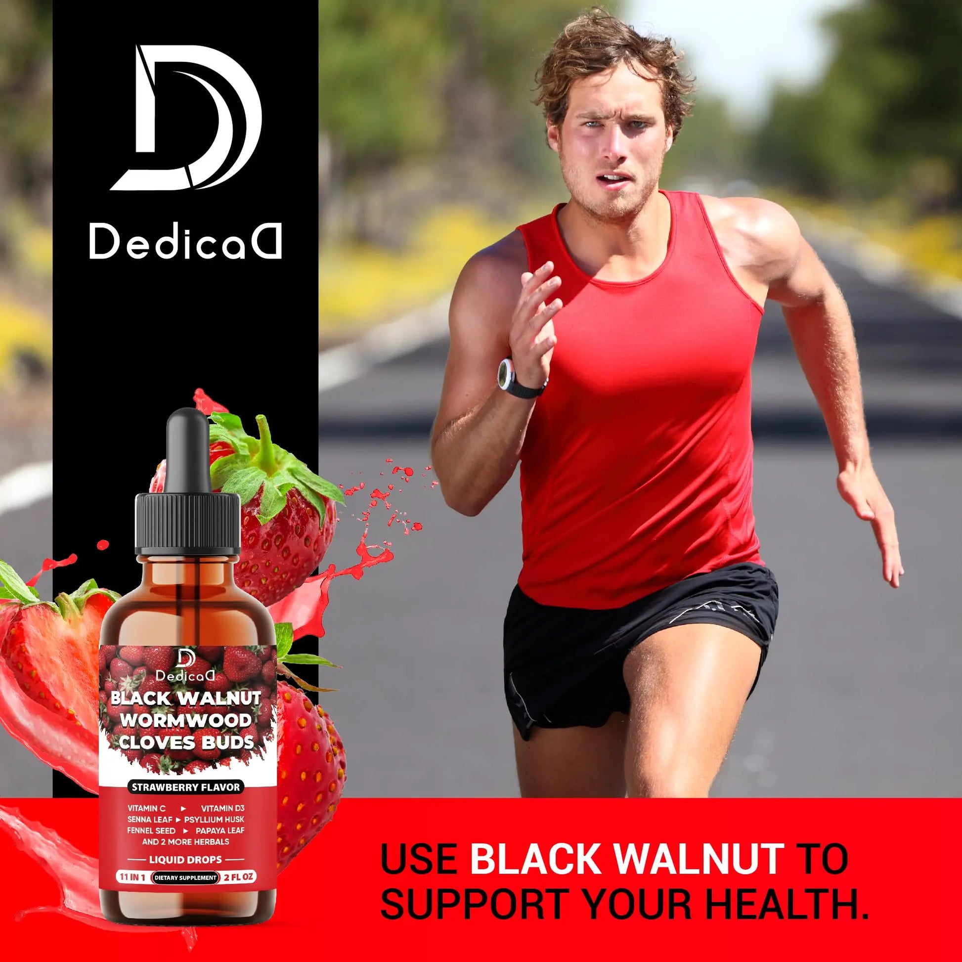 DEDICAD 11in1 Black Walnut Wormwood Cloves Liquid Drops with Cloves Buds, Senna Leaf, Psyllium Husk, Fennel Seed, Papaya Leaf and More - 2 oz Fl - 60 Days - Strawberry Flavor DEDICAD Au supplements
