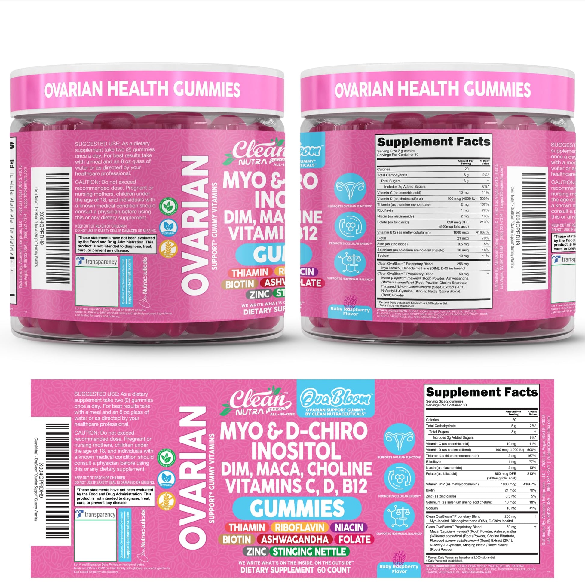 OVA Bloom Ovarian Support Gummies Myo Inositol D-Chiro Inositol Choline Flax Biotin Riboflavin Thiamin Niacin Ashwagandha DIM Maca Root Vitamin C D3 B12 Zinc 60 Count By Clean Nutra Clean Nutraceuticals Au supplements