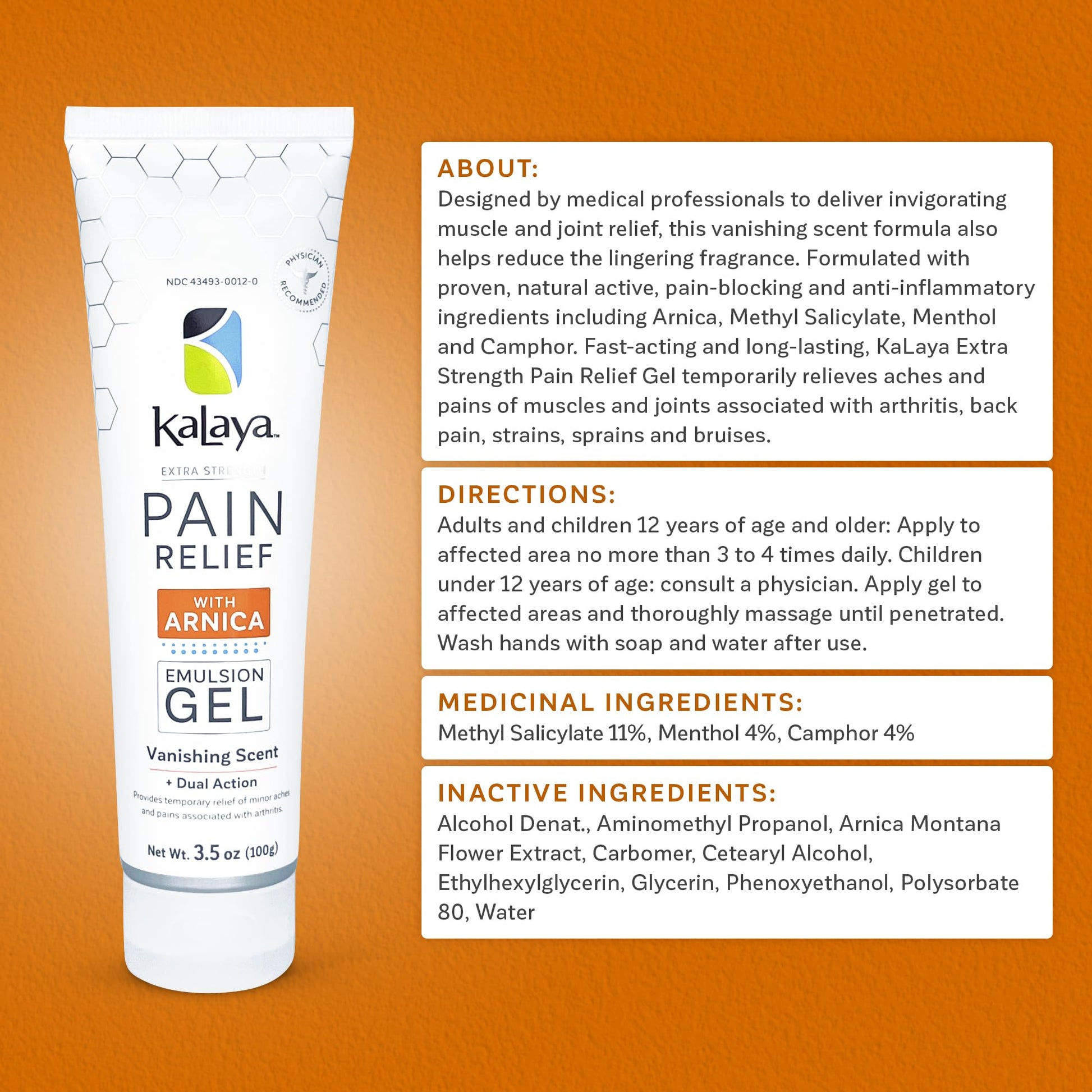 Kalaya Extra Strength Pain Relief Gel with Arnica -Fast Acting, Long Lasting, Vanishing Scent, medically formulated for Arthritis, Joints, Muscle, Back, Neck, Shoulder, Hand and Knee Pain Kalaya Naturals Au supplements