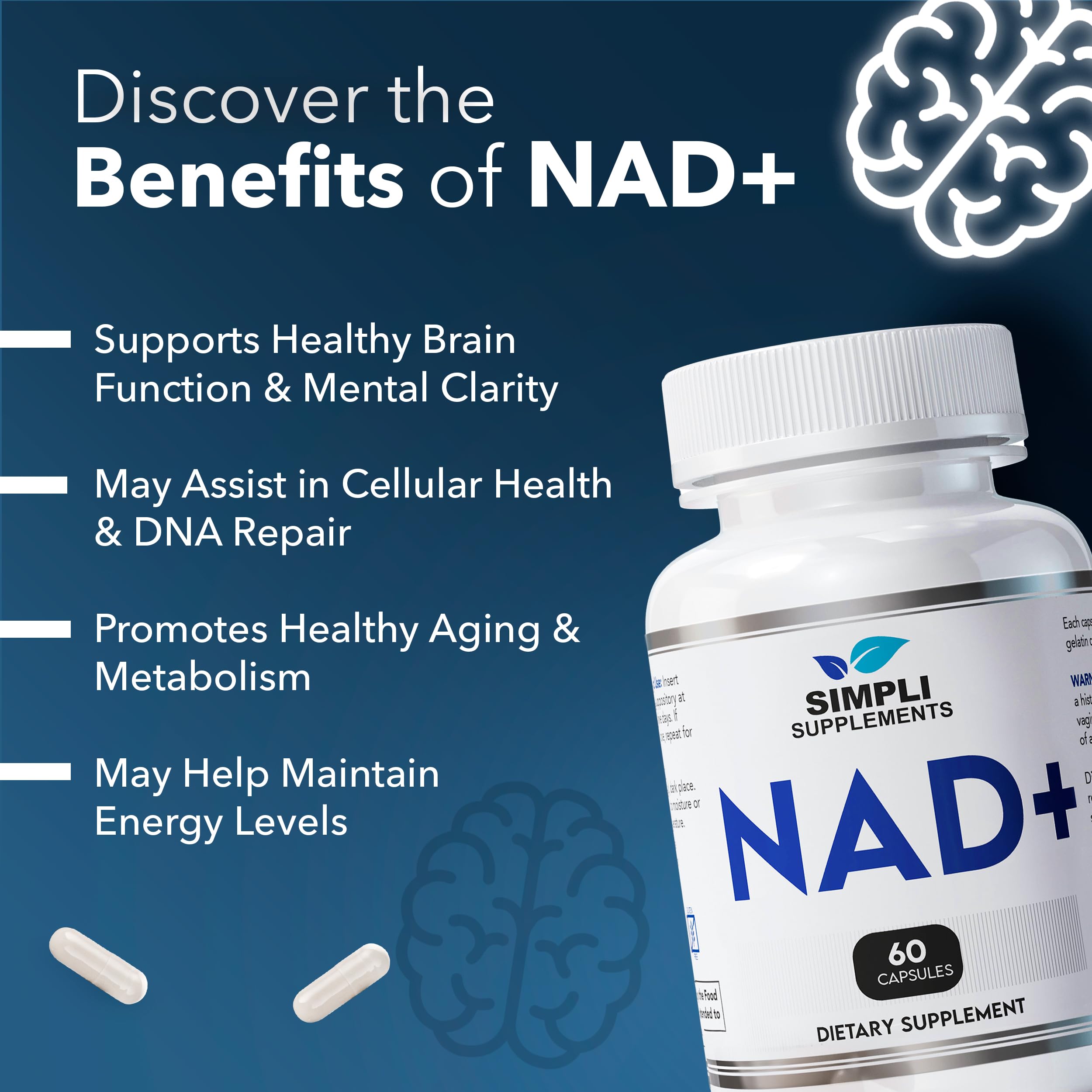 NAD Supplement for Anti-Aging and Cell Regeneration | NAD Booster 500mg Per Serving | NMN Supplement Alternative | Similar to Nicotinamide Riboside | 60 Capsules (30 Day Supply) Simpli Supplements Au supplements