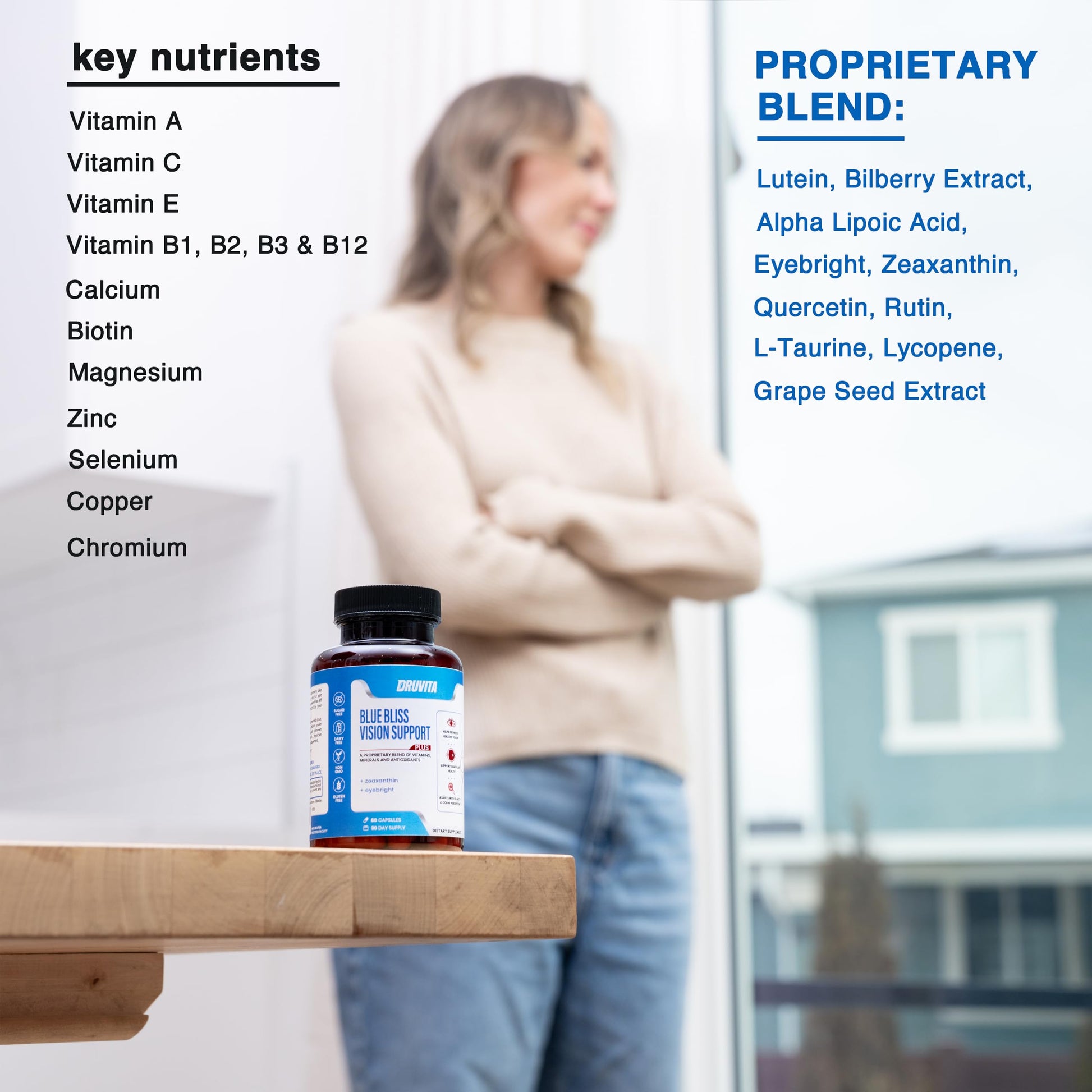 Blue Bliss Vision Support - Eye Vitamins with Lutein, Biotin, Bilberry and Zeaxanthin - Vitamin Supplement for Vision Health and Preservation for Adults Seniors 60 Veggie Capsules 30 Day Supply Druvita Au supplements