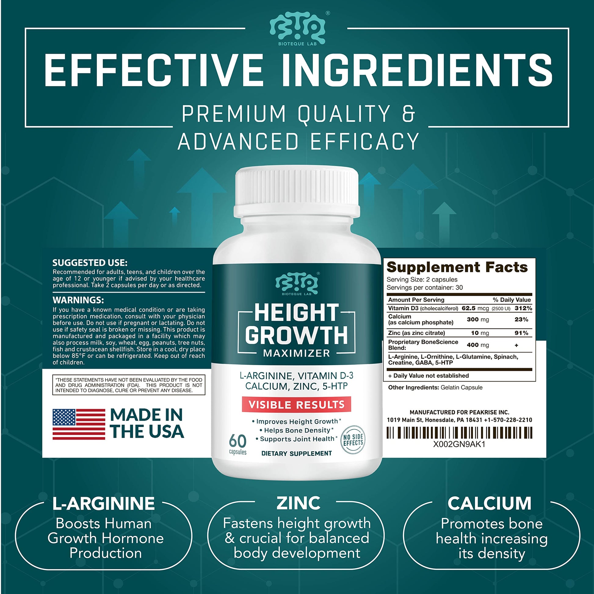 BIOTEQUELAB Height Growth Maximizer, Calcium, Vitamin D3 and Zinc Blend Pills, Bone Growth Supplement for Kids and Teens, Bone Strength, Density Support, GMO-Free, Gluten-Free, Made in USA, 60 Caps BTQ BIOTEQUE LAB Au supplements