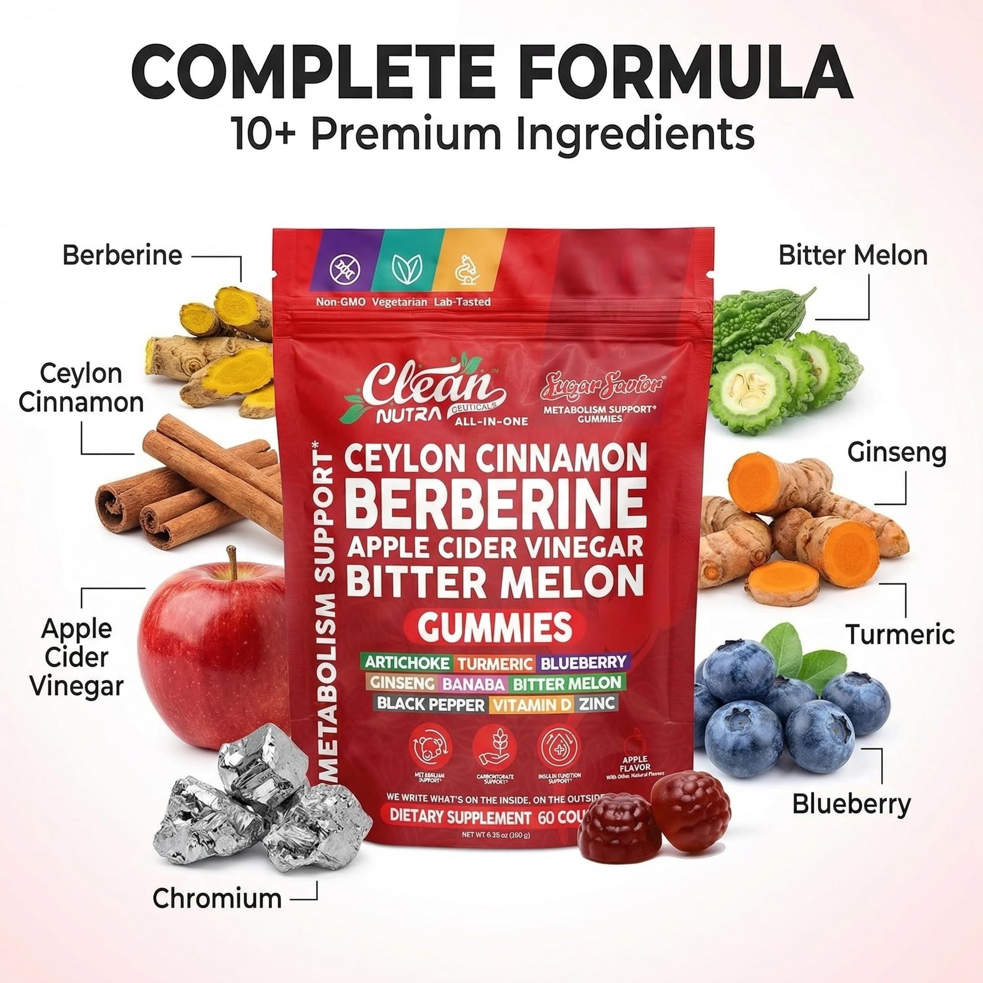 Sugar Savior Ceylon Cinnamon Berberine Gummies Apple Cider Vinegar Artichoke Turmeric Blueberry Ginseng Banaba Bitter Melon Black Pepper Vitamin D Zinc GLP1 Gummies 60 Count by Clean Nutra Clean Nutraceuticals Au supplements