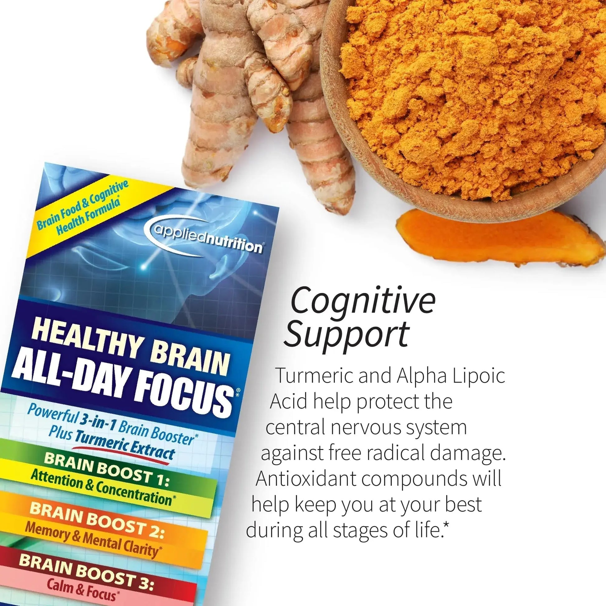 Applied Nutrition Healthy Brain All-Day Focus - 50 Tablets - Powerful 3-in-1 Brain Booster with Turmeric Extract - 25 Servings Applied Nutrition Au supplements