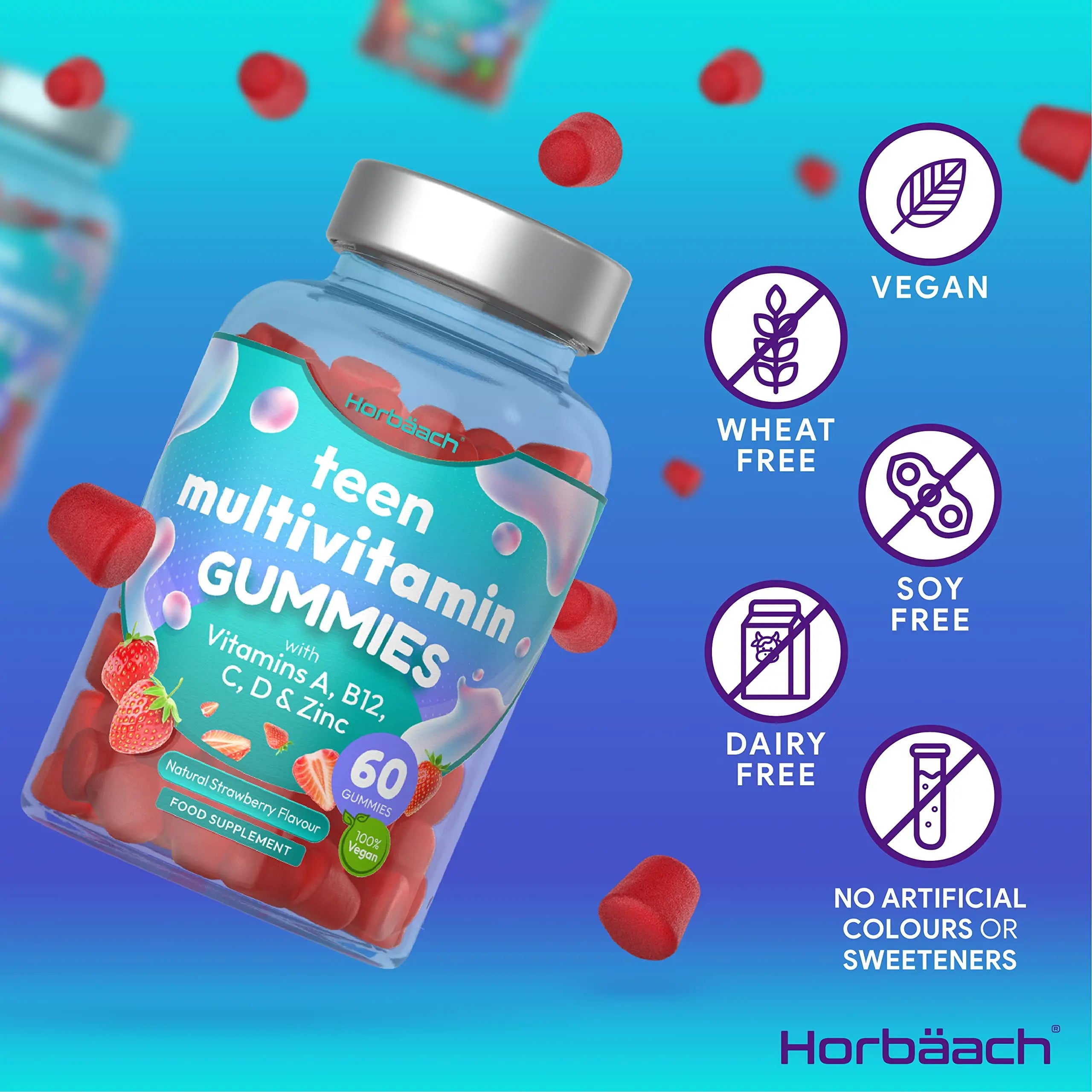 Multivitamins for Teens | 60 Vegan Gummies | 14 Essential Nutrients | with Vitamin A, B12 Horbäach Au supplements