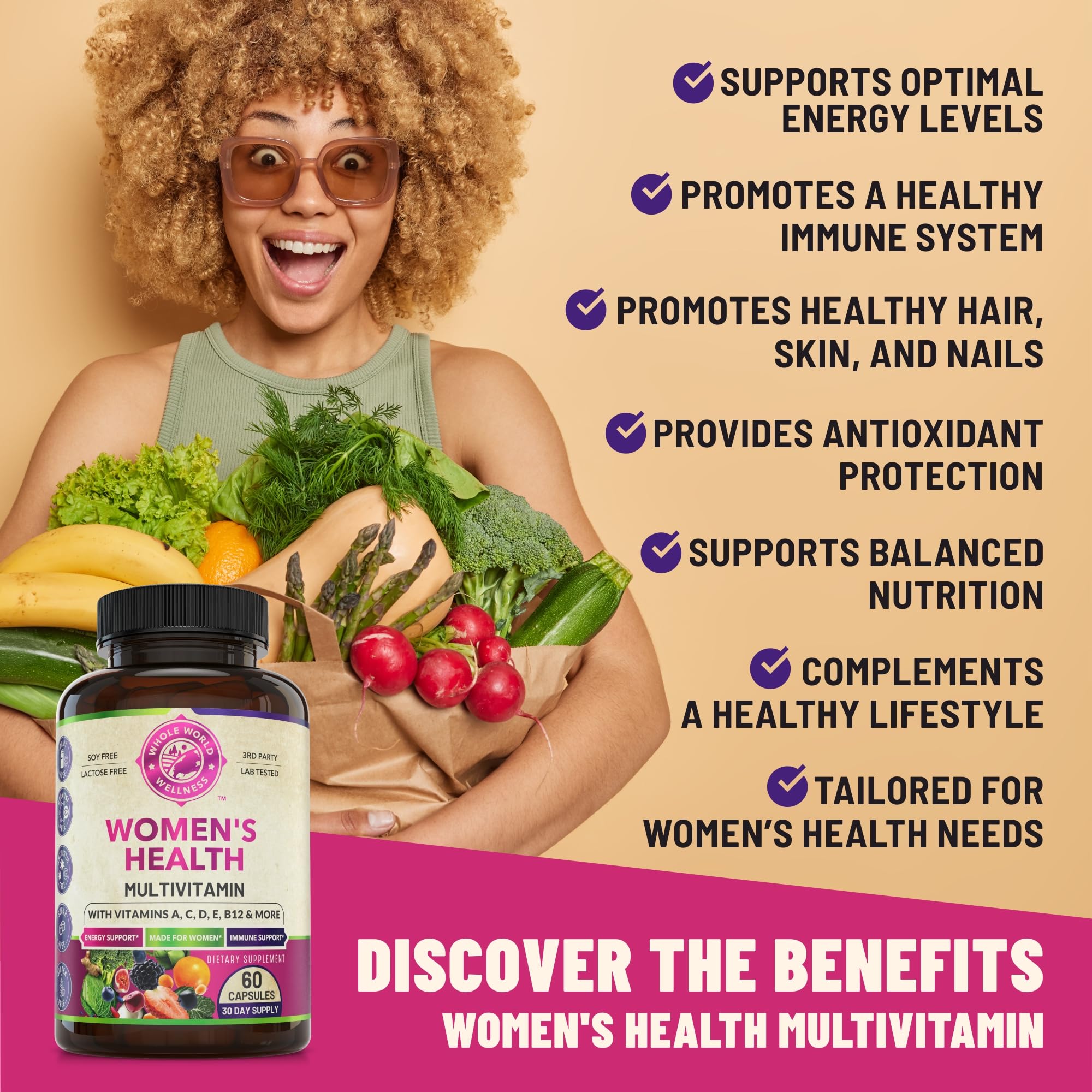 WHOLE WORLD WELLNESS Womens Daily Multivitamin Multimineral Supplement for Energy, Mood, Focus, Hair, Skin & Nails. Made for Women with 30+ Nutrients, Fruit & Energy Blend. Womens Vitamins, USA Made. WHOLE WORLD WELLNESS Au supplements