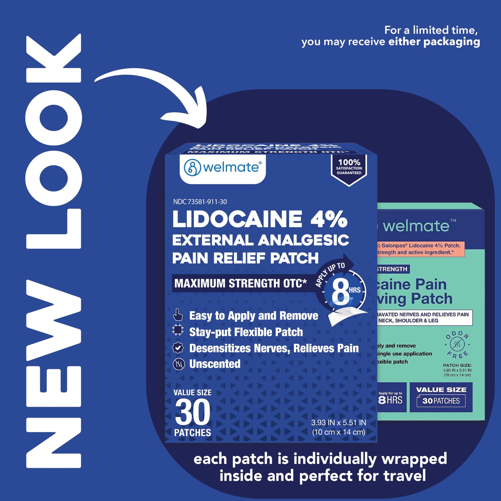 WELMATE - 4% Lidocaine Numbing Patch - Maximum Strength - Temporary Relief of Pain, Back, Neck, Shoulders, Knees, Elbows, Minor Skin Irritations - Topical Analgesic Unscented - 30 ct WELMATE Au supplements