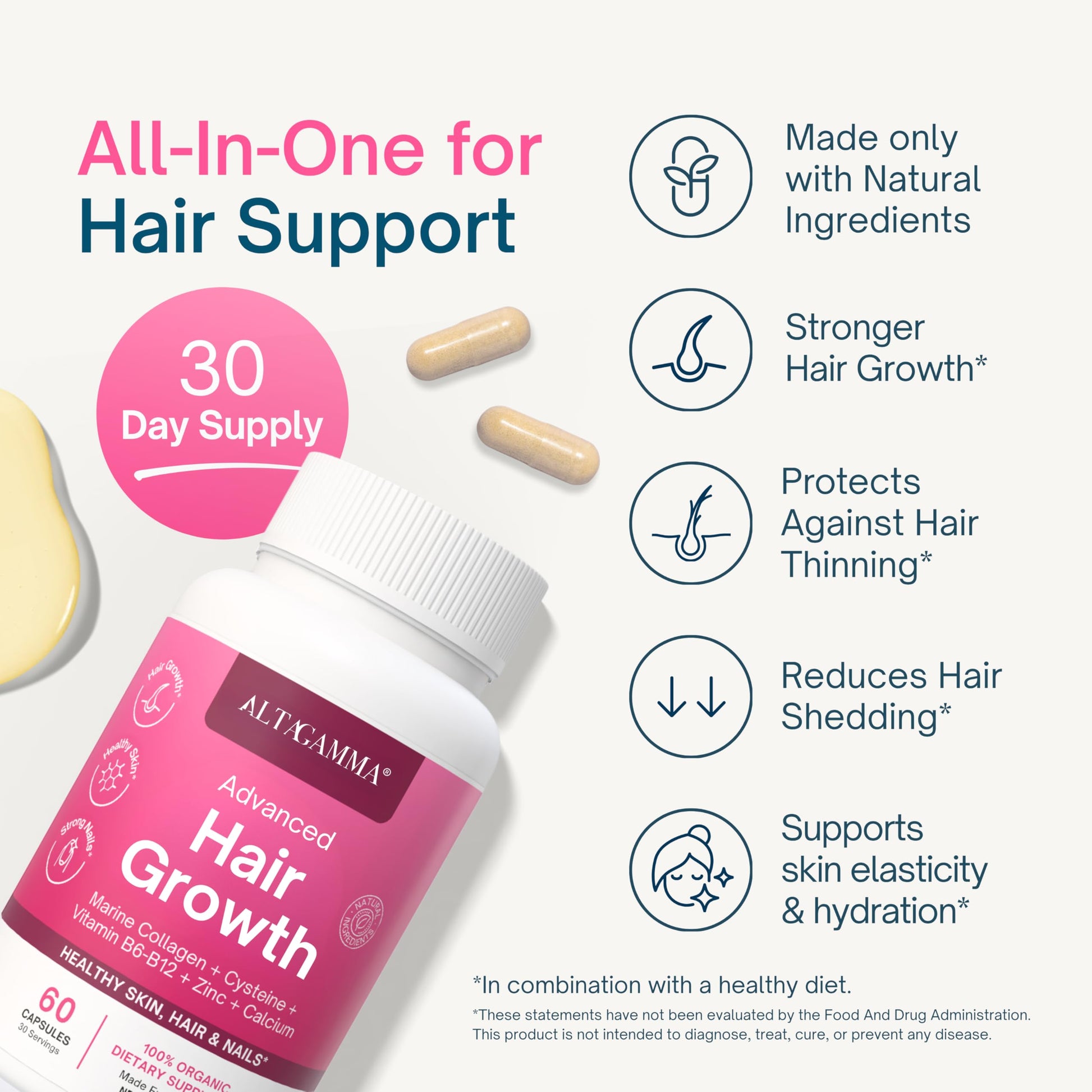 ALTAGAMMA Hair Growth Supplements - Nourishes Thinning, Strengthen Nails & Skin & Combat Hair Loss - Hair Growth Vitamins for Women & Men with Marine Collagen Peptides, 60 Capsules | 30 Day Supply ALTAGAMMA Au supplements