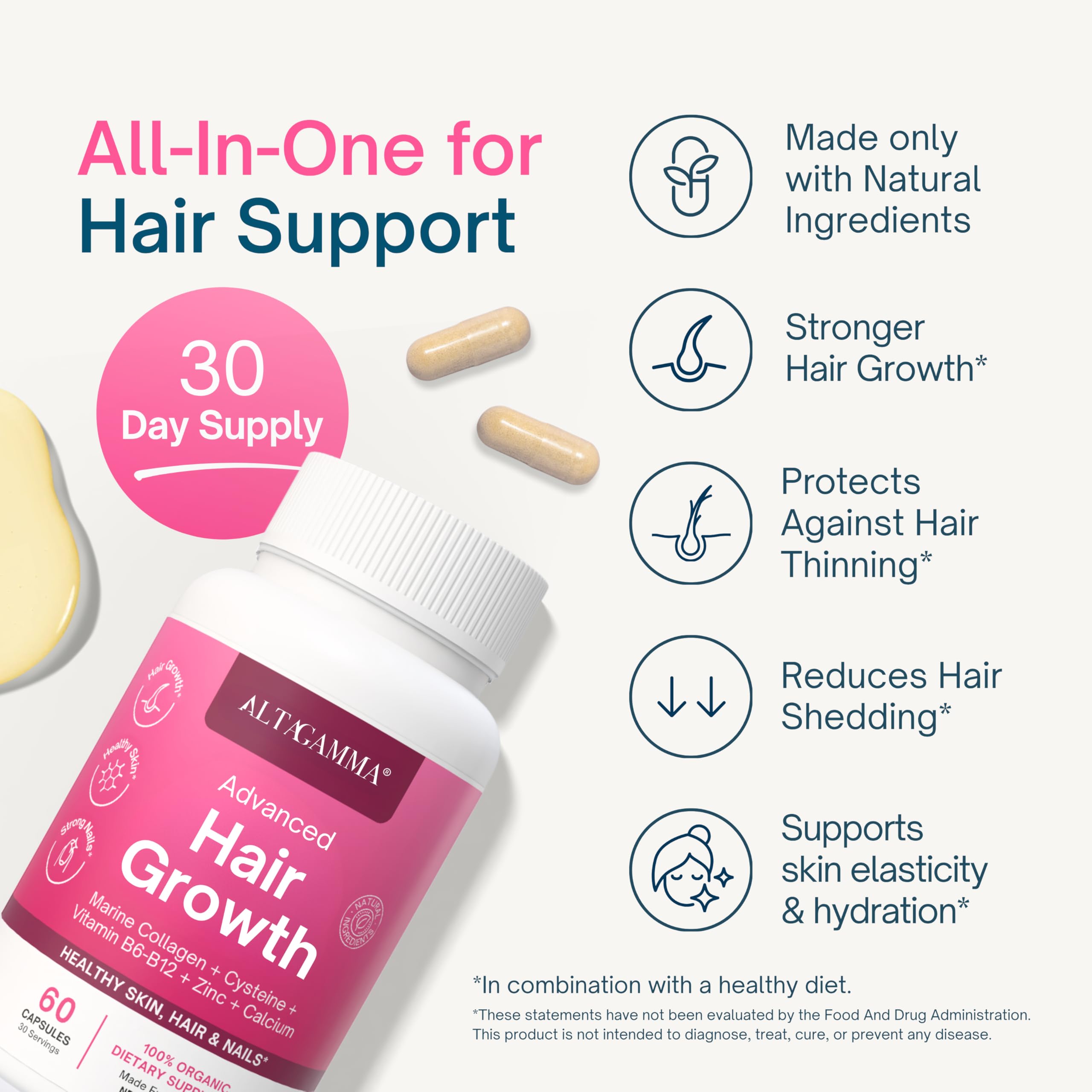 ALTAGAMMA Hair Growth Supplements - Nourishes Thinning, Strengthen Nails & Skin & Combat Hair Loss - Hair Growth Vitamins for Women & Men with Marine Collagen Peptides, 60 Capsules | 30 Day Supply ALTAGAMMA Au supplements