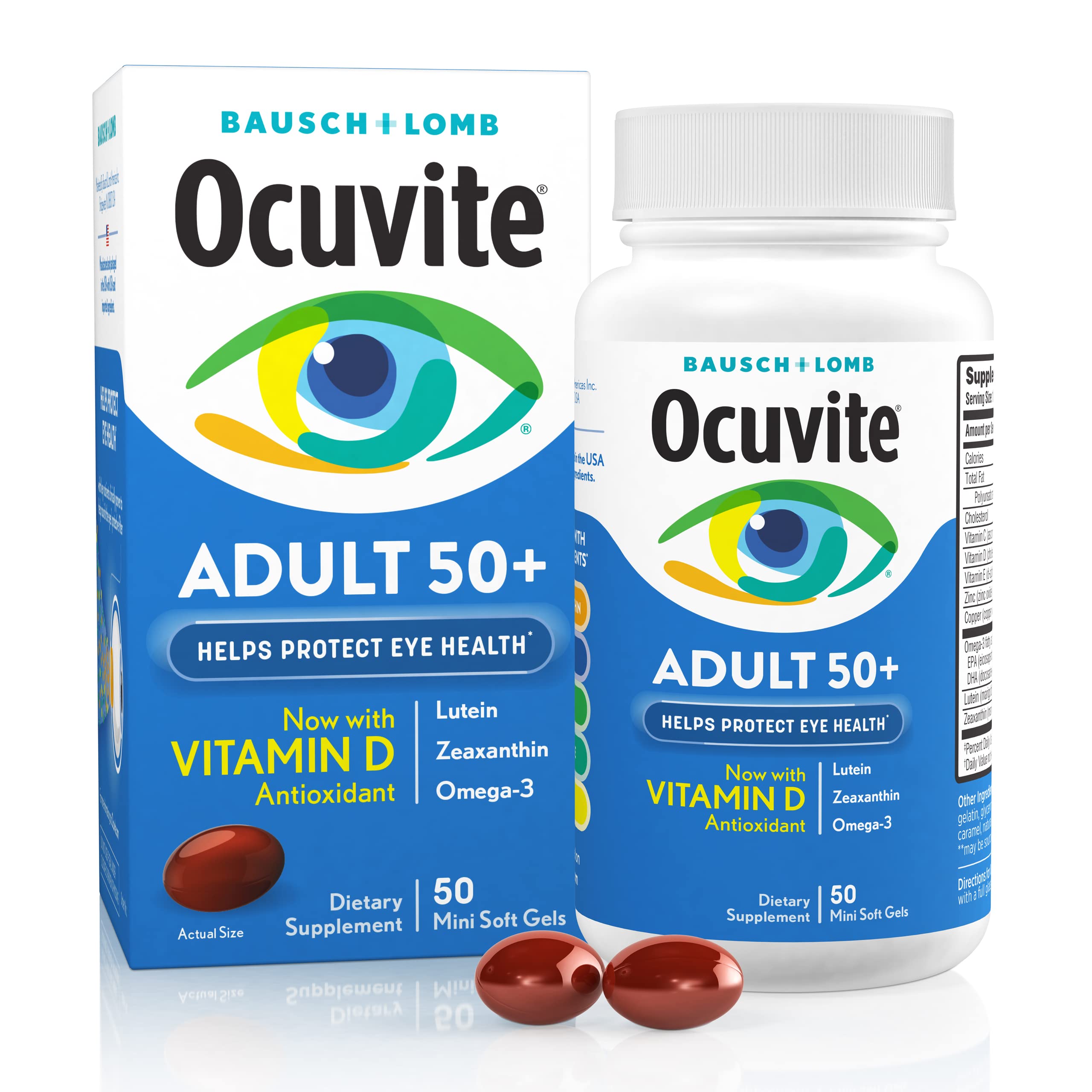 Ocuvite 50+ Eye Vitamin & Mineral Supplement, Multivitamin for Vision & Ocular Health with Omega-3, Zinc, Vitamins C & E, Lutein & Zeaxanthin, Zinc Supplements for Women and Men, 50 Softgels Ocuvite Au supplements