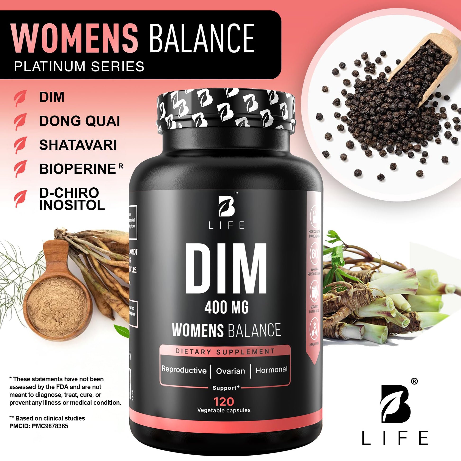 B Life Company DIM Supplement 400 mg with Myo & D-Chiro Inositol, Dong Quai – Hormone Balance for Women – Fertility Supplements – Inositol Supplement - 120 Caps B Life Company Au supplements