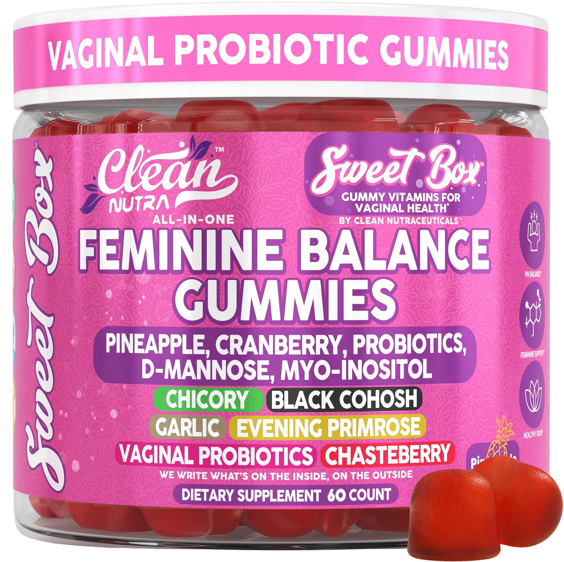 Clean Nutra Feminine Balance Gummies for Women Pineapple VaginalProbiotics pH Balance Cranberry D Mannose Supplement Inositol Black Cohosh Evening Primrose Garlic Vitex GLA Prebiotics Folate 60ct Clean Nutraceuticals Au supplements