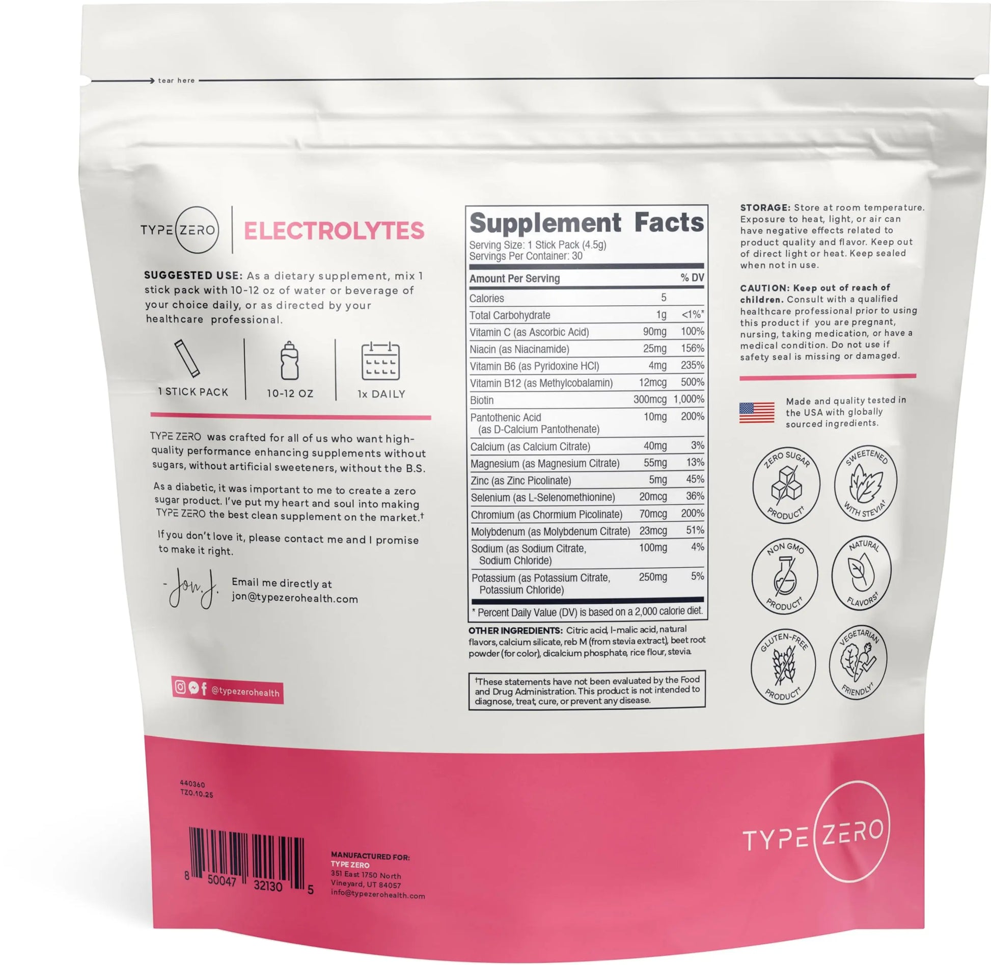 Type Zero Sugar Free Electrolytes Powder Packets + Clean Hydration Powder Stick Packs with 14 Vitamins and Minerals - Watermelon Flavor, 30 Servings Type Zero Au supplements