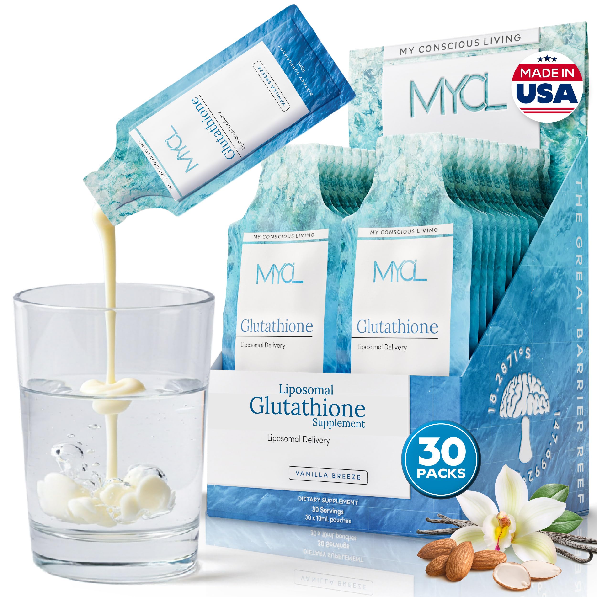 MYCL Liposomal Glutathione Supplement Squeeze Packs – Vitamin E and MCT Oil – Skin, Hair and Nail Health– High Absorption - Vanilla Almond – 30 Single-Serve Packets MYCL Au supplements