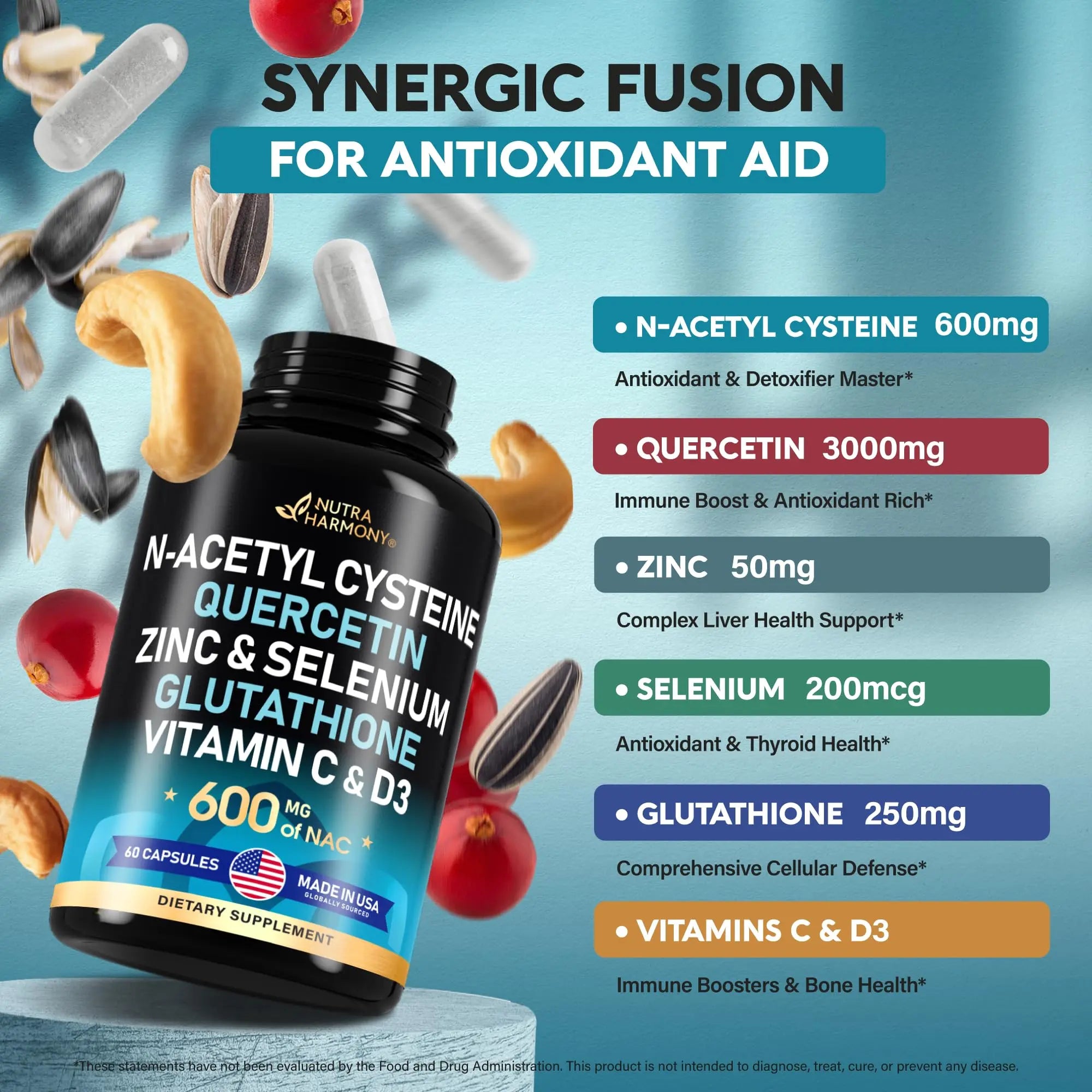 NAC 600 mg Supplement | Quercetin | Zinc | Glutathione | Selenium | Vitamin C & D3 NUTRAHARMONY Au supplements