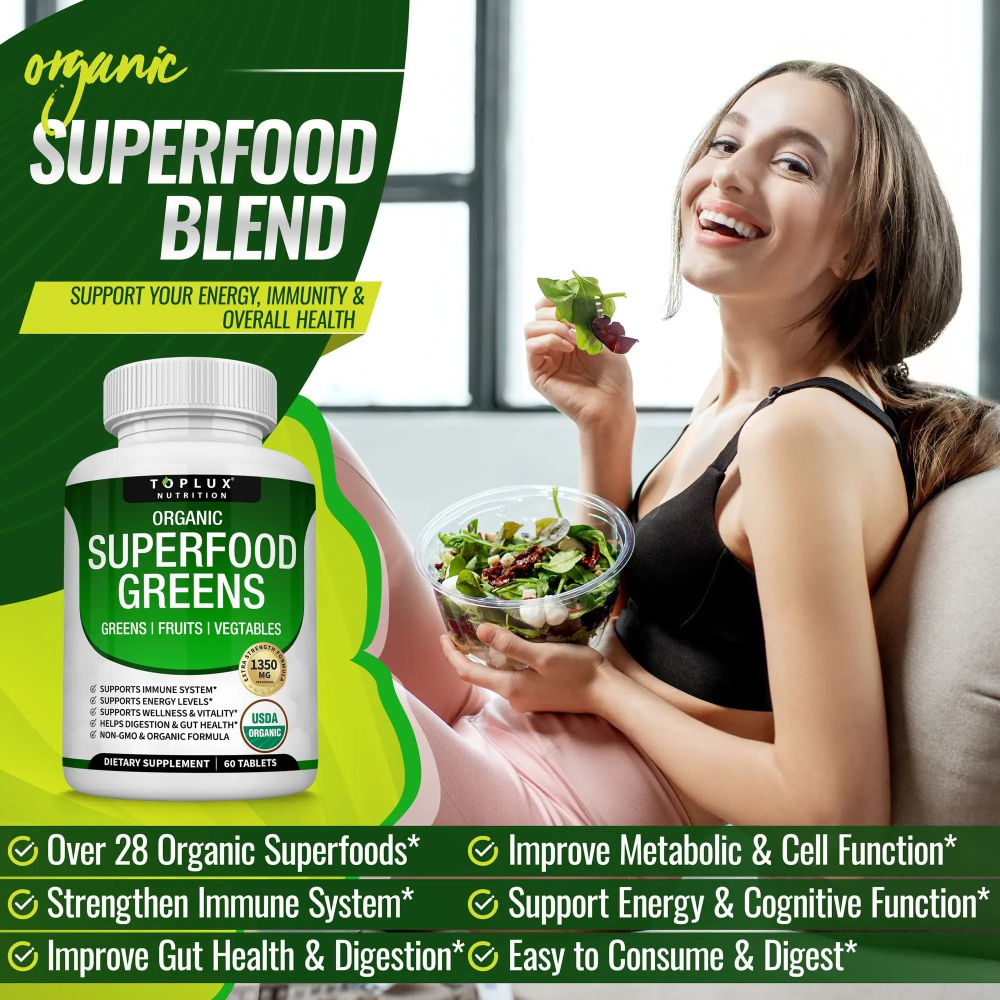 Organic Super Greens Capsules Superfood Fruit Veggie Supplement - 28 Powerful Natural Toplux Au supplements