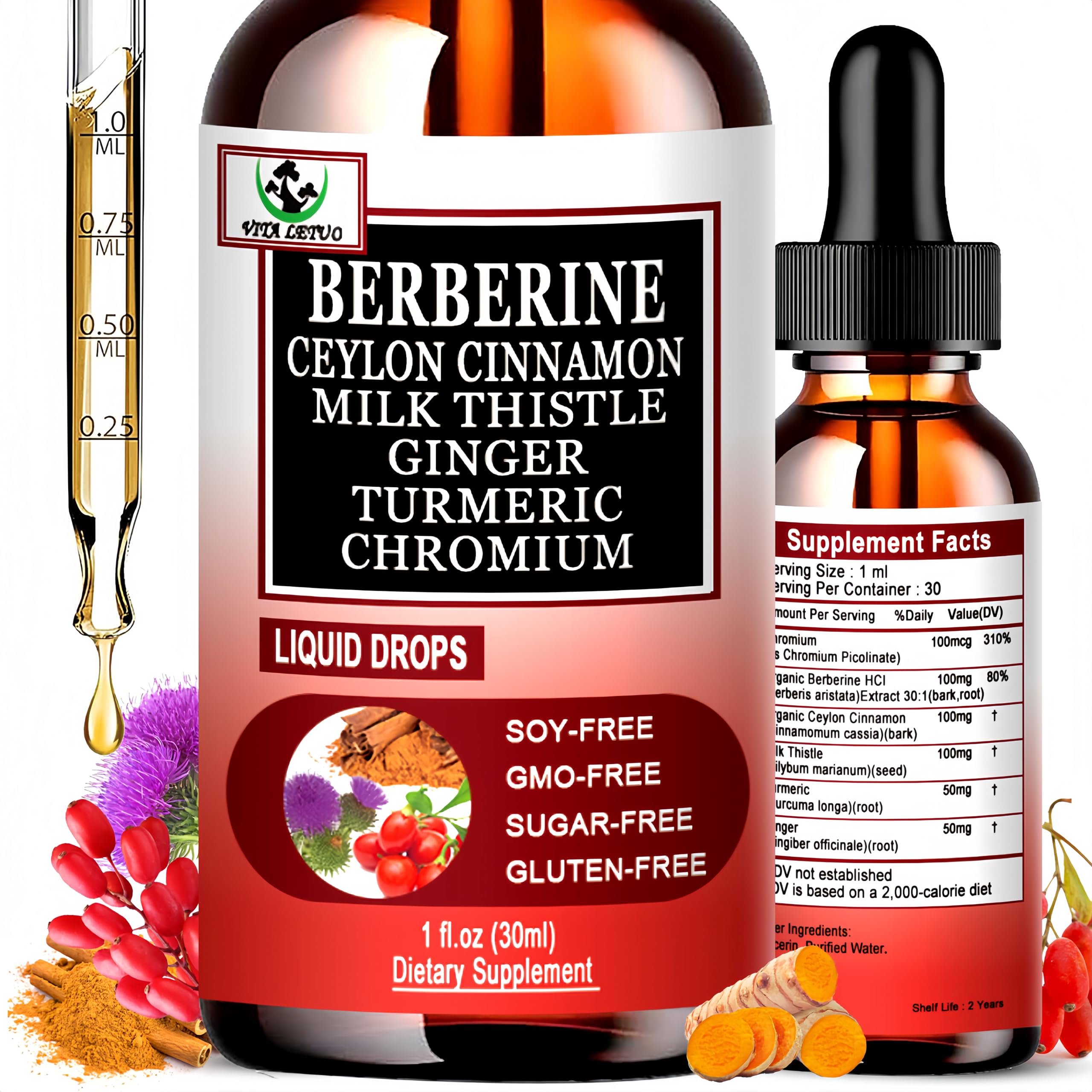 Berberine Drops, High Absorption 6-in-1 Liquid Berberine Supplement with Ceylon Cinnamon Milk Thistle Turmeric, Premium Berberine HCl for Immune Function Metabolic & Digestive Support, 30 Servings Vita letuo Au supplements