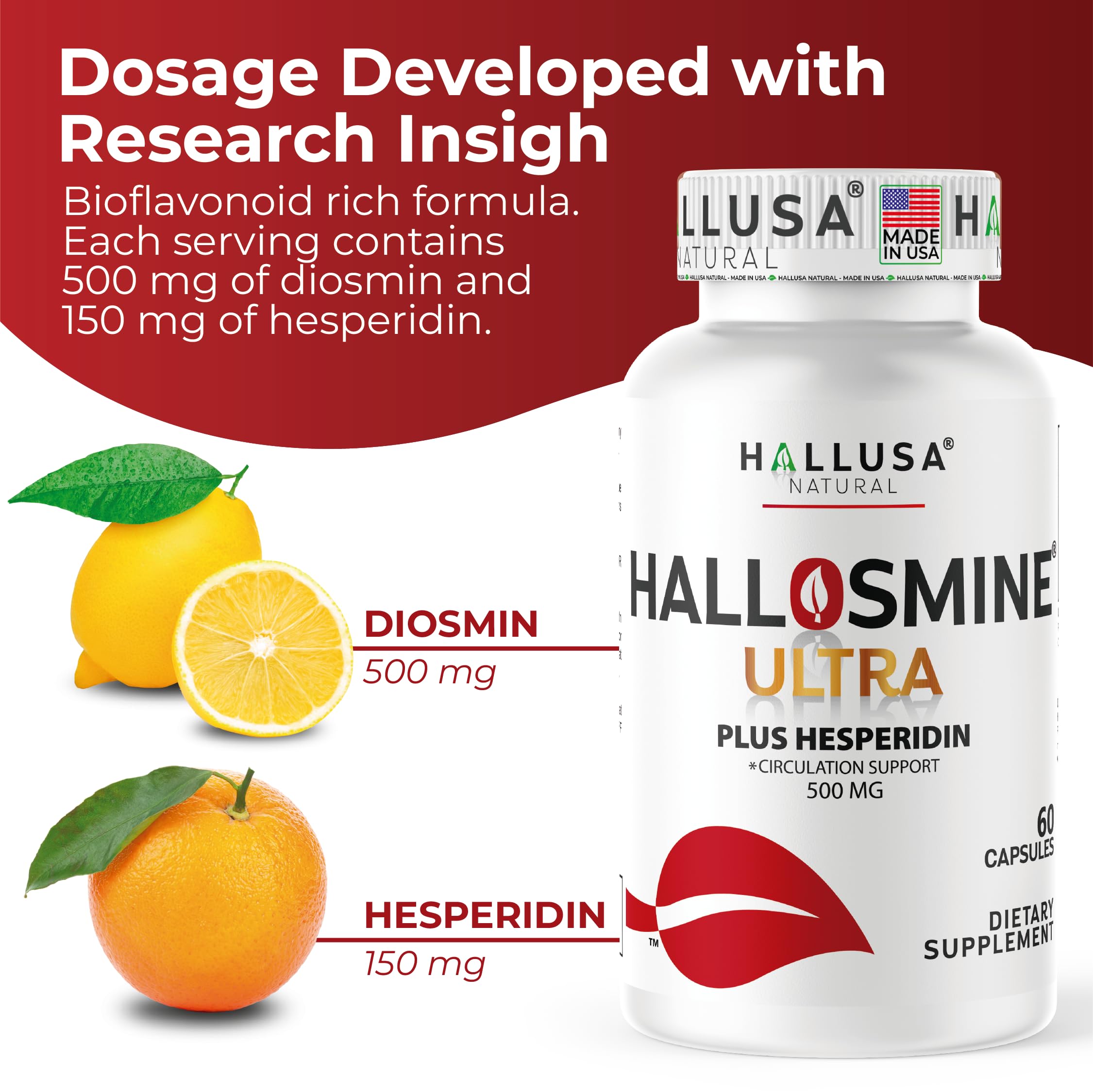Hallosmine Ultra 650mg Diosmin Hesperidin, 60 Capsules + FREE Leg Cream with Diosmin, Hesperidin & Horse Chestnut, 4 oz | Blood Circulation & Vein Support Supplement, GMO Free, Gluten Free Hallusa Natural Au supplements