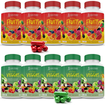 (10 Pack) Vital Fruits and Veggies Supplement Whole Food Red & Green Superfoods Non GMO Vegan Friendly 900 Veggie Capsules 10 Bottles Justified Laboratories Au supplements
