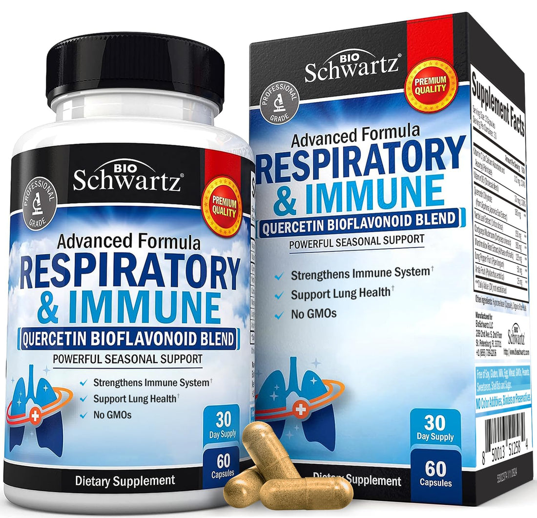 Respiratory & Immune Lung Support Supplement with Quercetin, Vitamin D & Cordyceps, Helps Soothe Respiratory Tissues While Loosening Mucus, Lung Health Vitamins for Women & Men, 60 Capsules BioSchwartz Au supplements