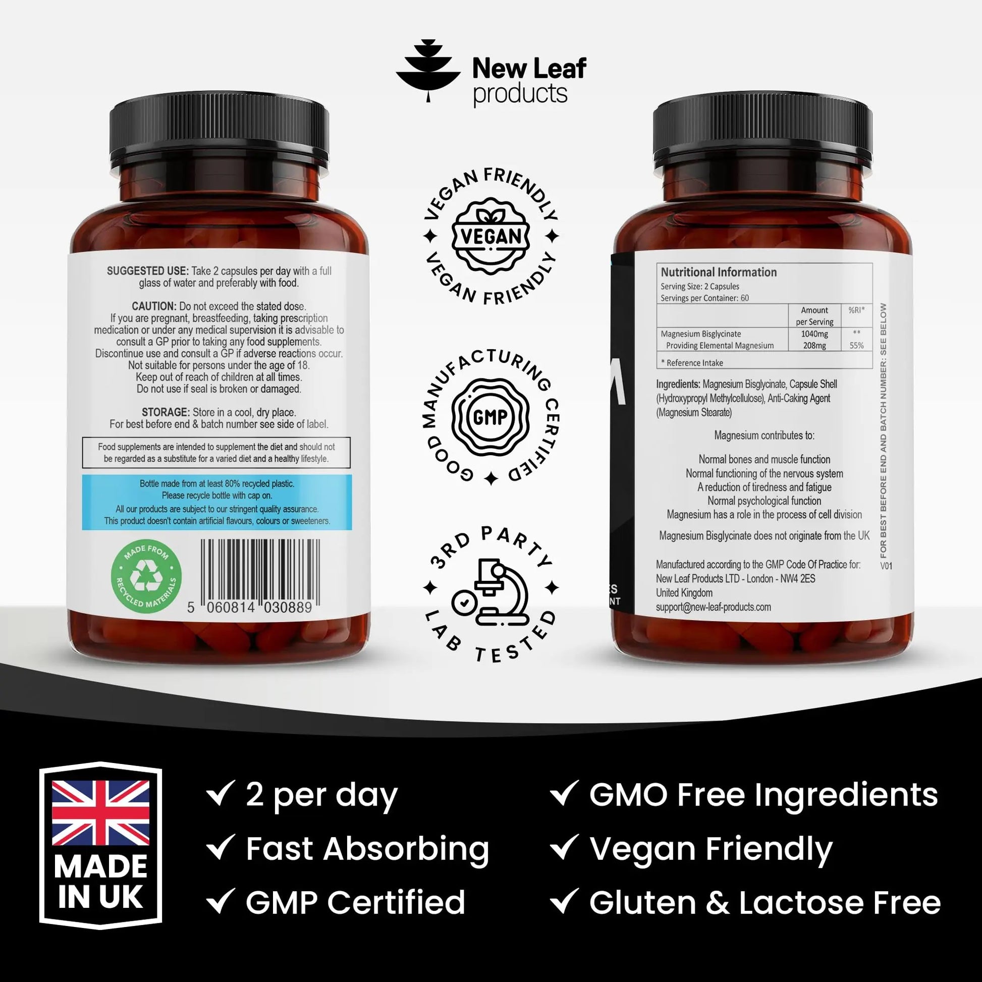 Magnesium Glycinate Supplements - 1040mg of Magnesium - 120 High Strength Capsules NEW LEAF PRODUCTS Au supplements