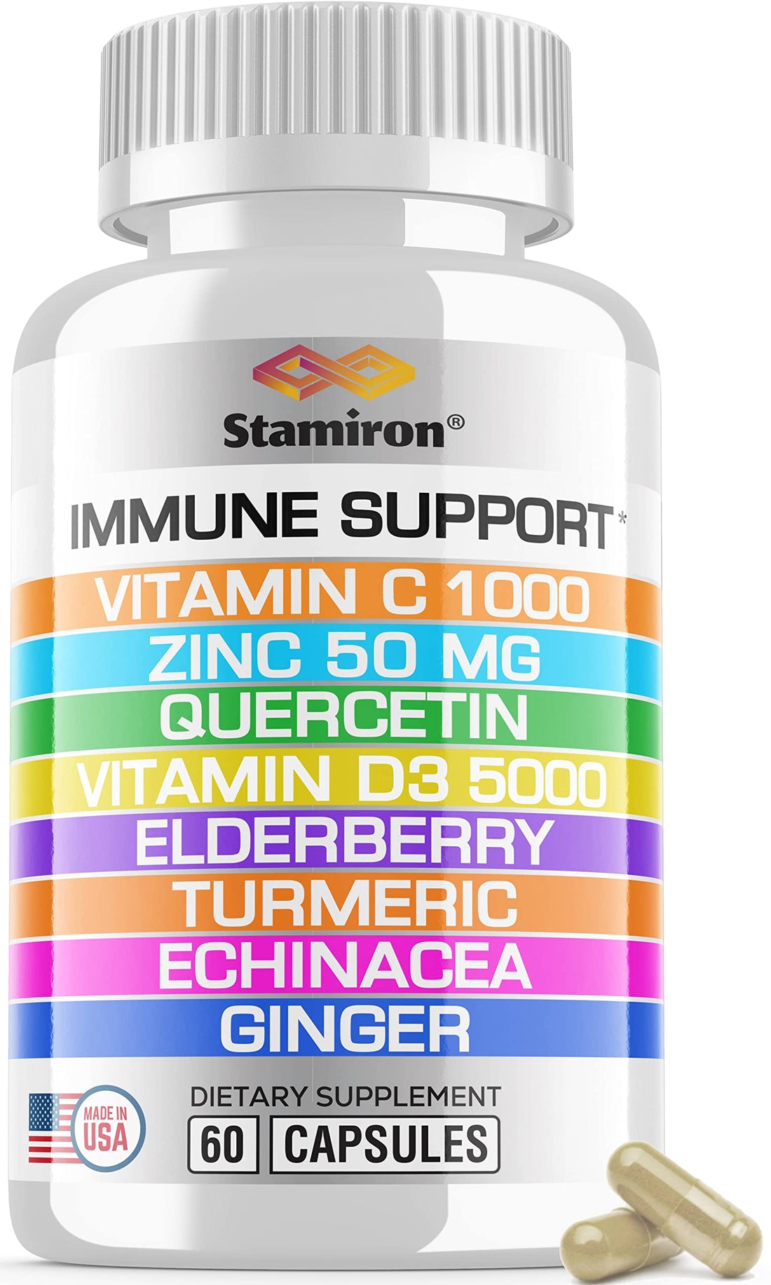 8 in 1 Immune Support with Quercetin Zinc 50mg Vitamin C 1000mg Vitamin D3 5000 IU and Elderberry Echinacea Ginger for Adults Kids - VIT D Supplement Veg Capsules Stamiron Au supplements