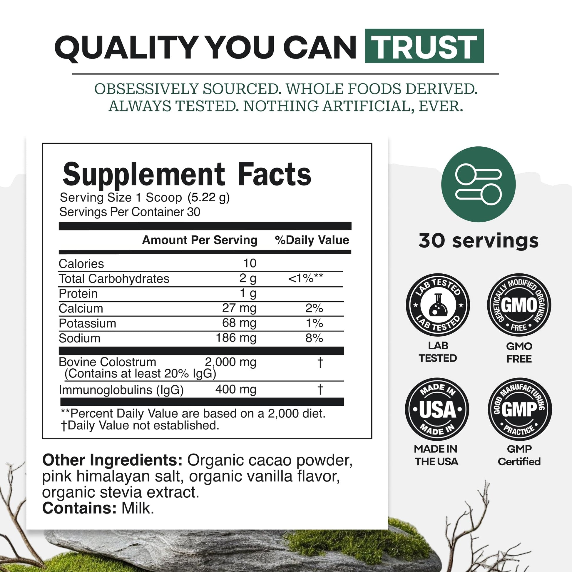 Colostrum Supplement - Grass Fed Pure Bovine Colostrum Powder - 2000mg & 400mg IgG (calostro bovino) - Gut, Immunity, Skin, Hair Support - Sugar Free, Natural Cacao Flavour, 30 Servings Wild Foods Au supplements