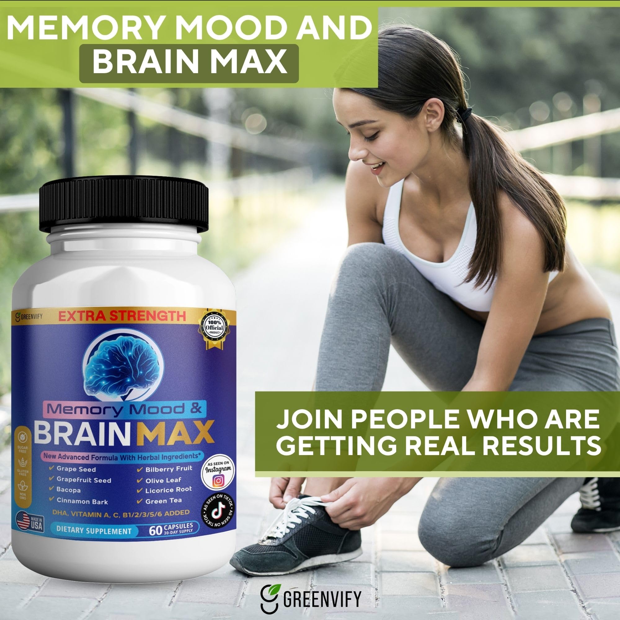 Memory, Mood & Brain Max Extra Strength Supplement with Herbal Ingredients, 60 Capsules, DHA, Vitamins, Bacopa, Green Tea (1) GREENVIFY Au supplements