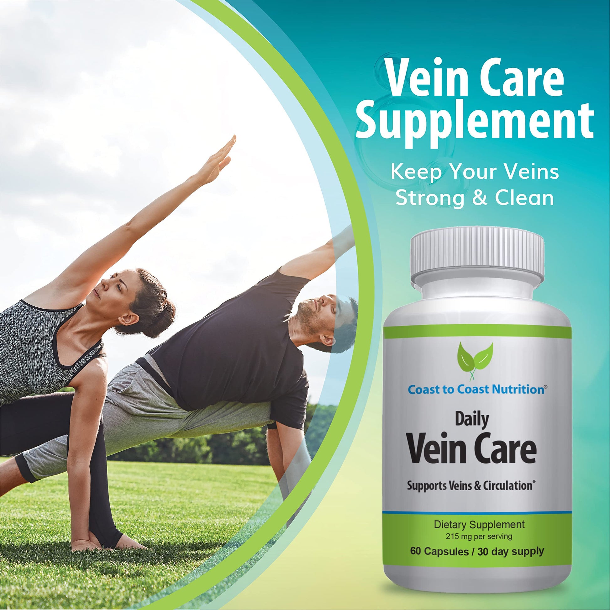 Coast to Coast Nutrition Daily Vein Care Supplement Capsules — Circulation Formula with a Natural Blend of Calcium, Vitamin D3, Vitamin K2 Plus BioPerine for Max Absorption Vein Formula — 60 Capsules Coast to Coast Nutrition Au supplements