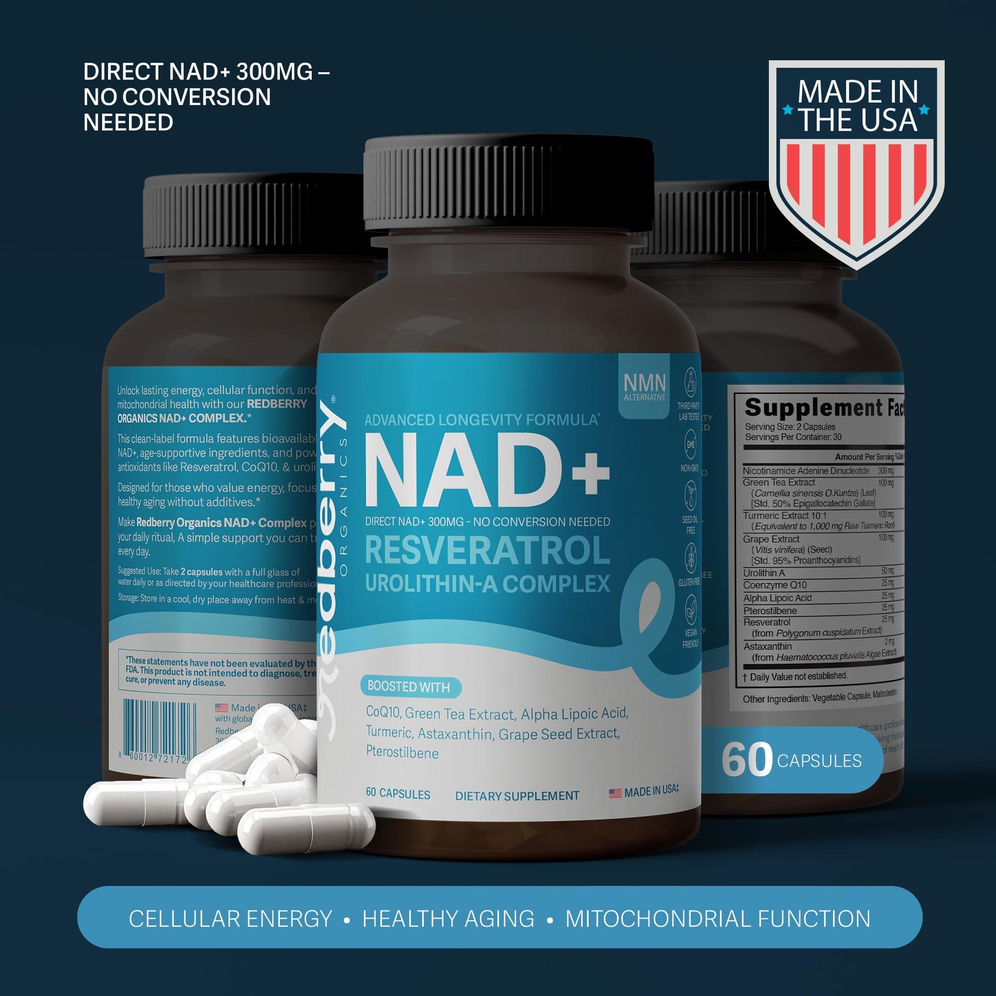 NAD Supplement with Direct NAD+ 300mg (NAD Plus) | Advanced Longevity Complex with Urolithin A & Resveratrol | NMN Alternative | 60 Capsules | Non-GMO, Gluten Free | Made in USA Redberry Organics Au supplements