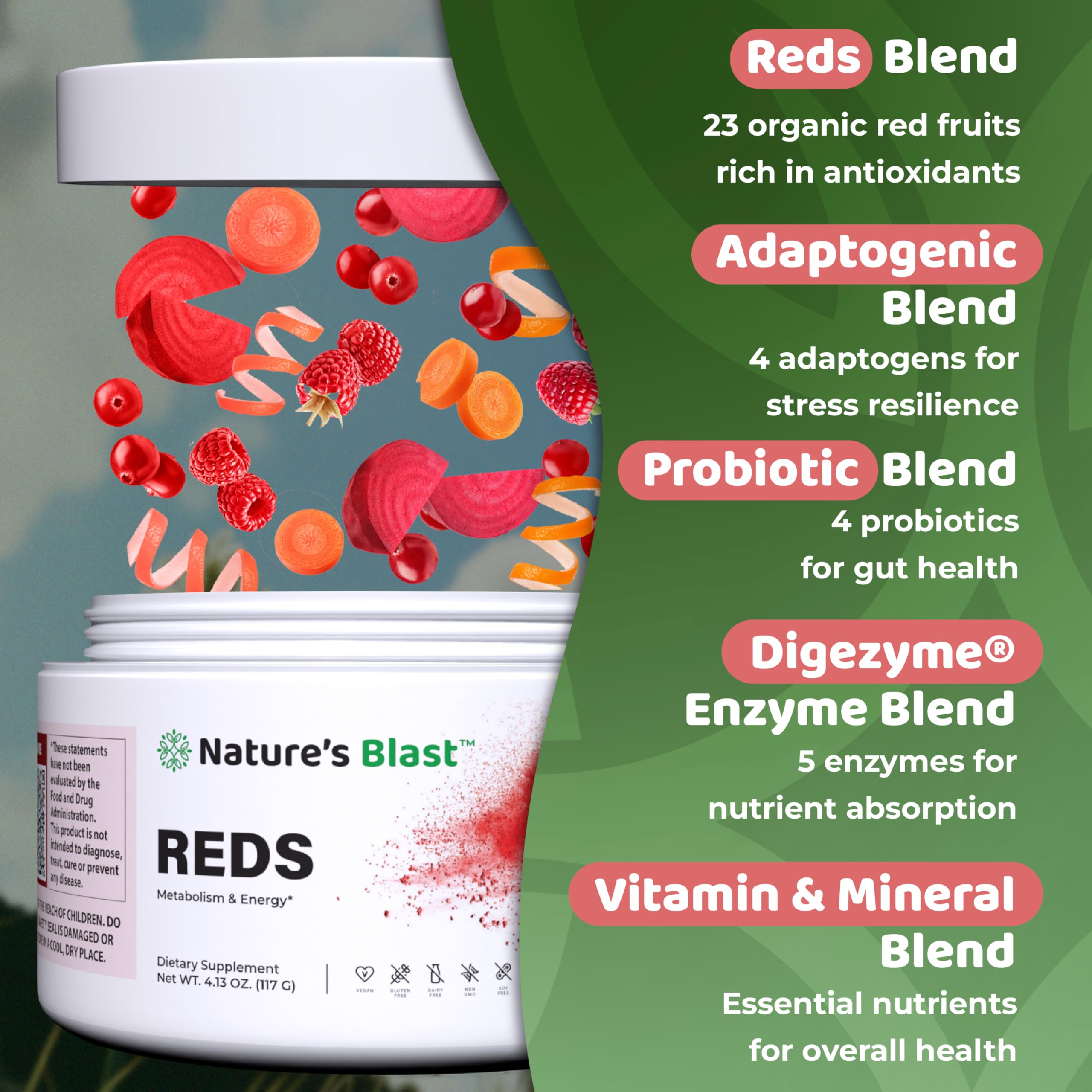 NATURES BLAST Reds - Metabolism and Energy Superfood Powder with 23 Red Fruits, 4 Adaptogens, Probiotics & Enzymes - Vegan Antioxidant Blend, 1 Bottle NATURES BLAST Au supplements