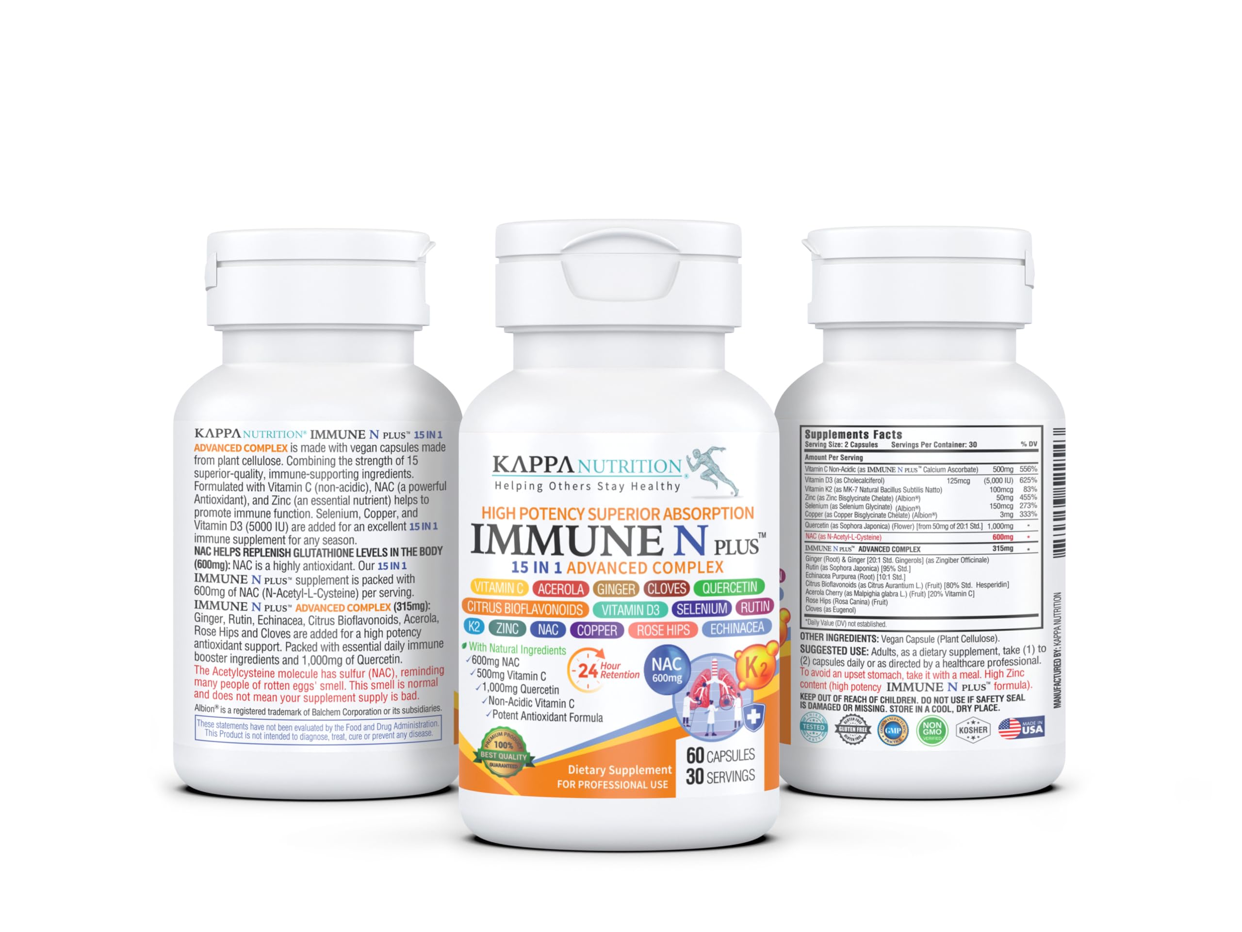 (60 Capsules), NAC 600mg, Quercetin 1,000mg, Vitamin C 500mg, Zinc 50mg, Vitamin D3 5,000iu, Selenium, Copper, Acerola, Ginger, Rutin, Citrus Bioflavonoids, Rose Hips, Echinacea, Immune N Plus 15 in 1 KAPPA NUTRITION Au supplements