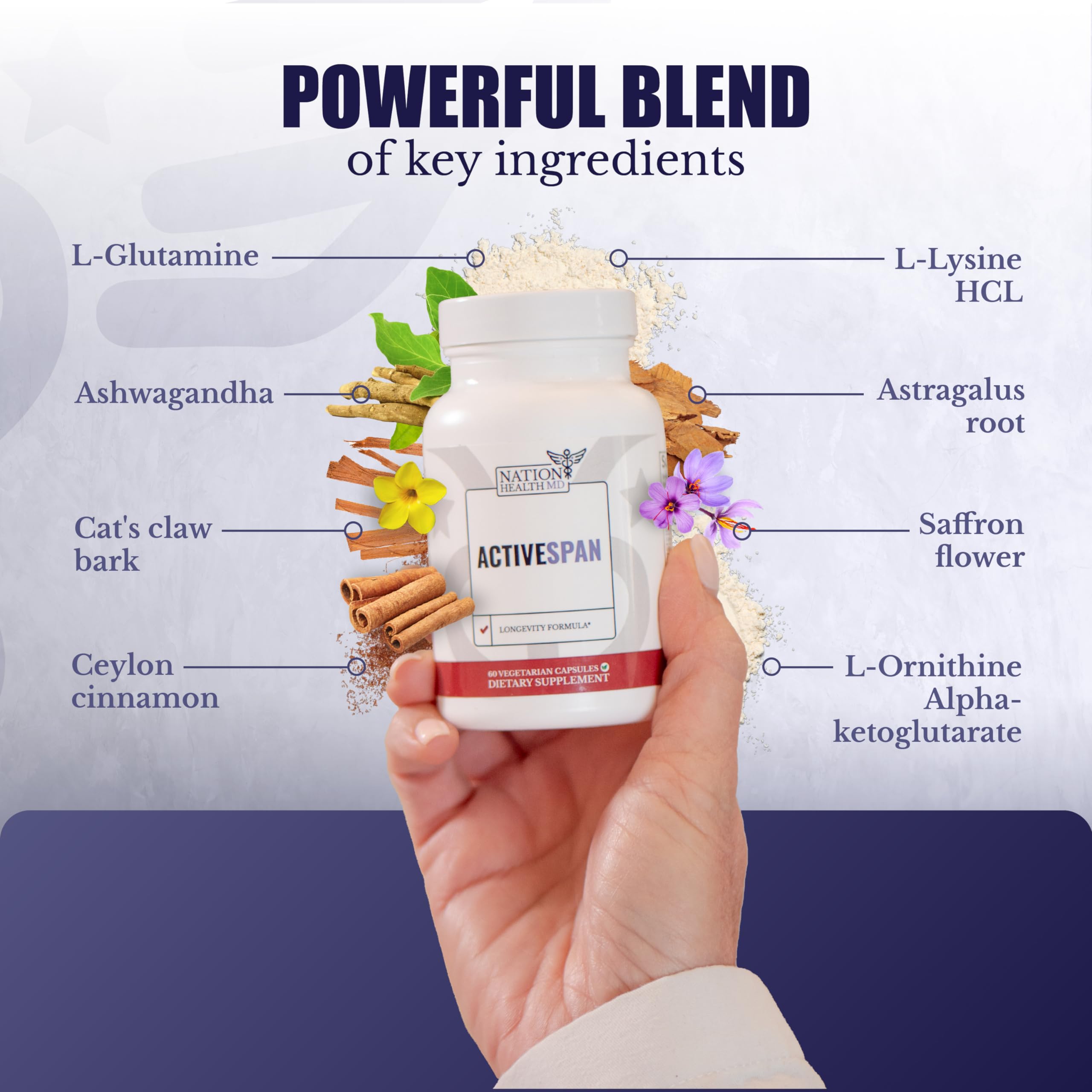 NATION HEALTH MD ActiveSpan - Longevity Supplement for Anti Aging - with Ashwagandha Extract, Astragalus, Cat's Claw, Ceylon Cinnamon, L-Lysine, L-Glutamine & More - 60 Capsules NATION HEALTH MD Au supplements