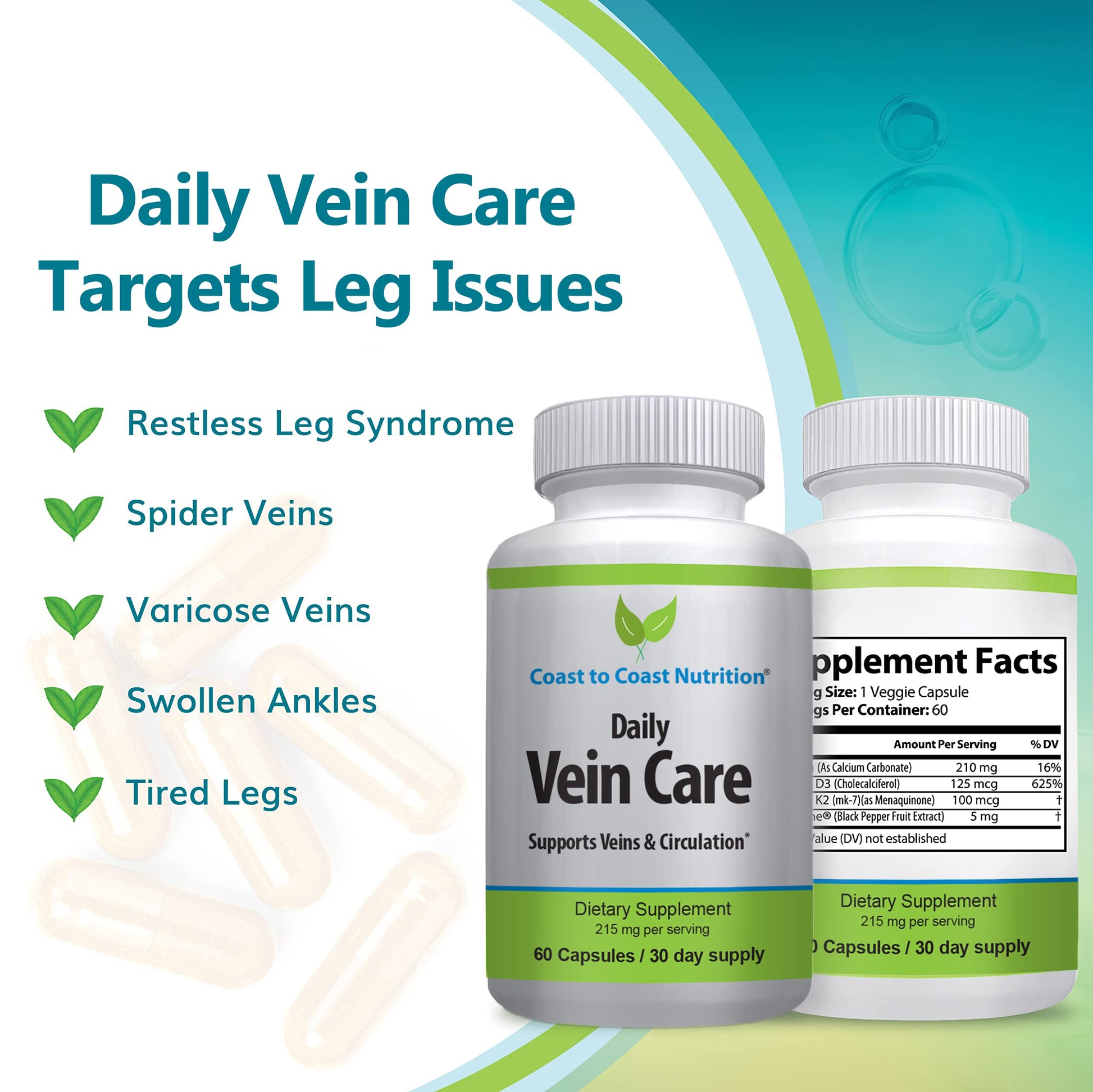 Coast to Coast Nutrition Daily Vein Care Supplement Capsules — Circulation Formula with a Natural Blend of Calcium, Vitamin D3, Vitamin K2 Plus BioPerine for Max Absorption Vein Formula — 60 Capsules Coast to Coast Nutrition Au supplements