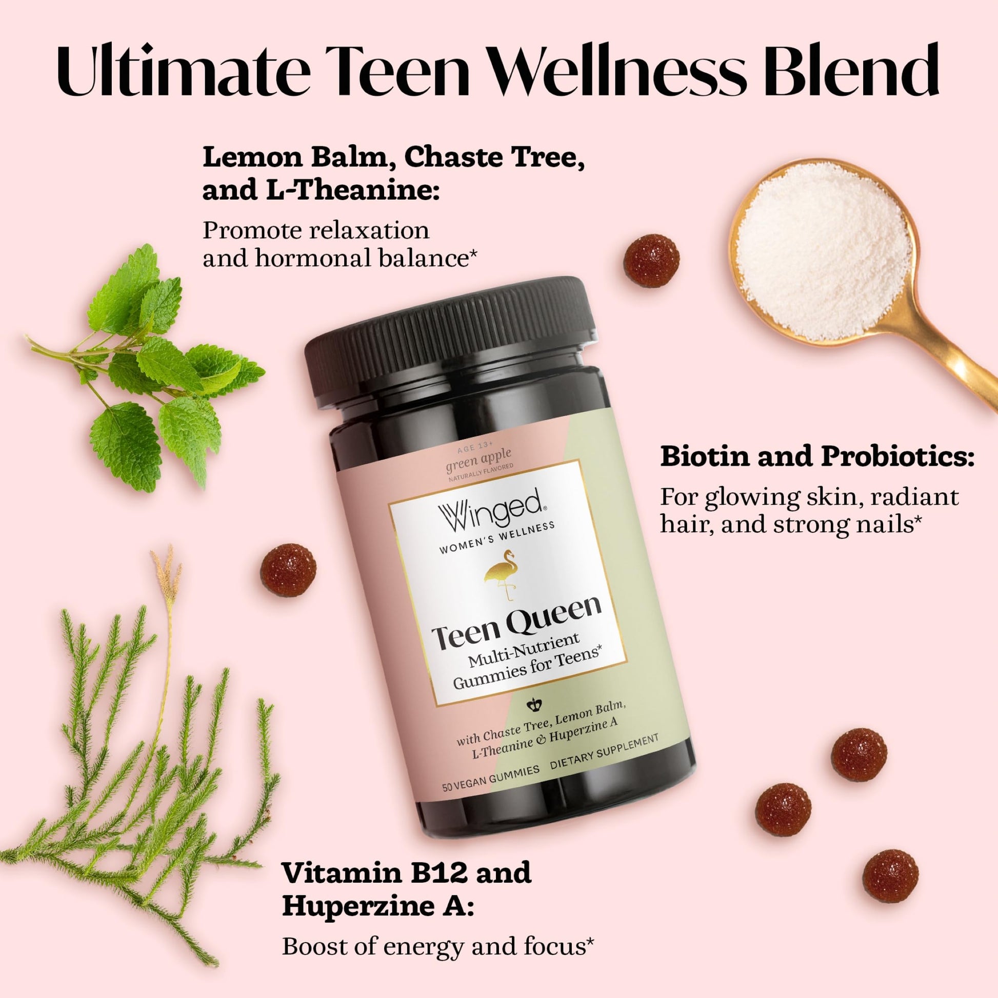 Winged Wellness Multivitamin Gummies for Teen Girls - Teen Vitamins for Mood & Hormonal Health - Vegan Gummy Supplement with Chaste Tree, Lemon Balm, L-Theanine, Probiotics & Biotin - 50 Gummies Winged Wellness Au supplements