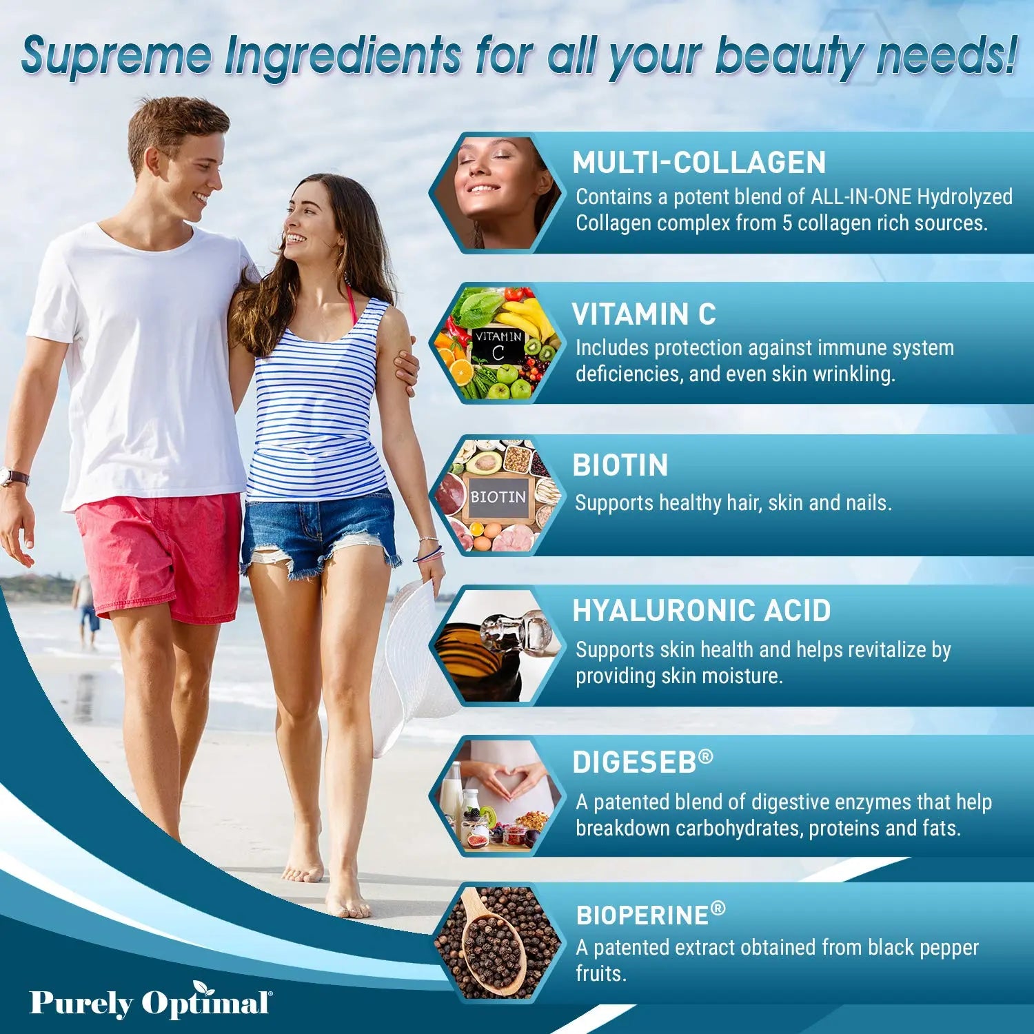 Premium Multi Collagen Peptides (Types I, II, II, V, X) - Collagen Pills for Skin Care, Hair Growth, Nails & Joints - Vitamin C, Hyaluronic Acid Purely Optimal Au supplements