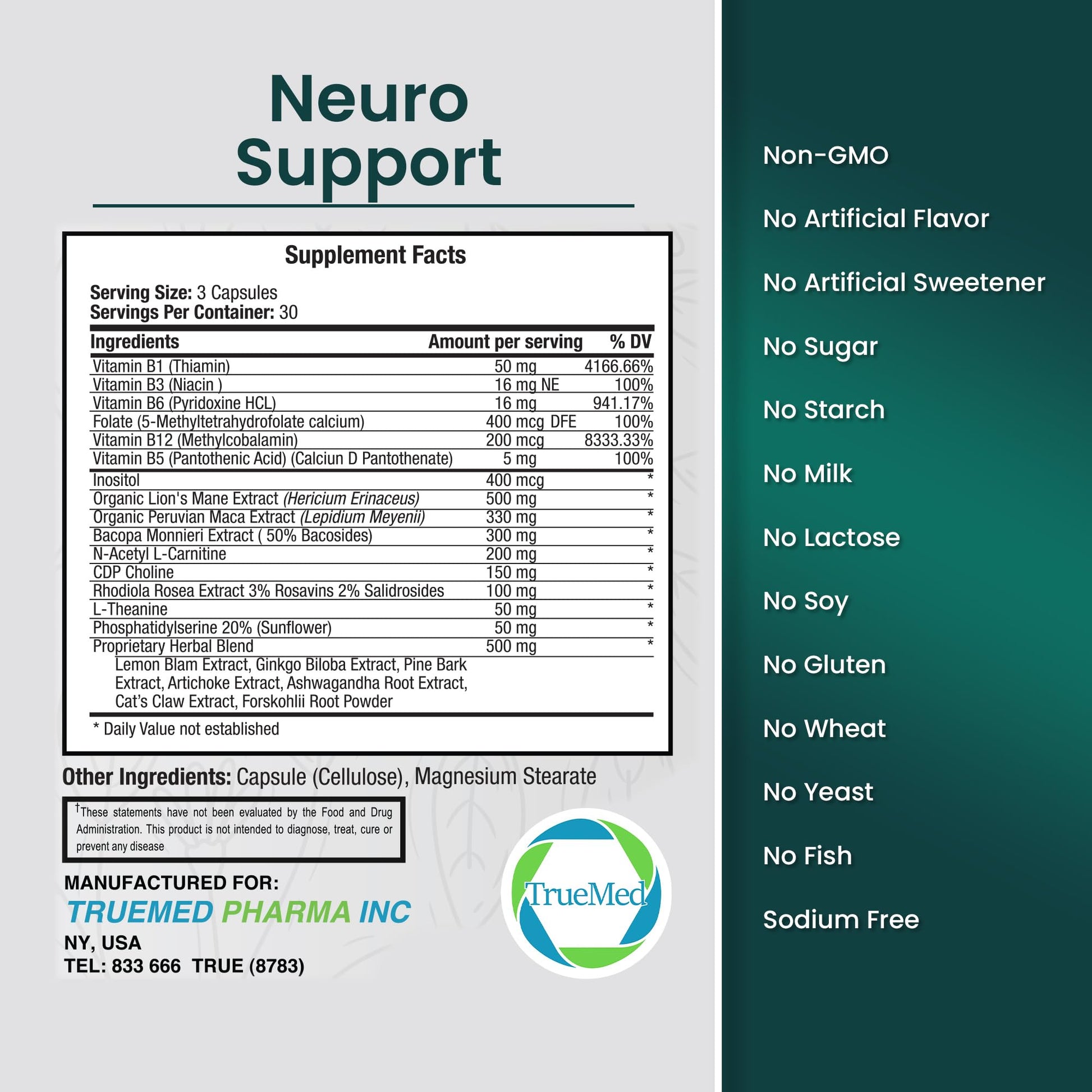 TrueMed Neuro Support - Premium Nootropic Supplement for Focus, Energy, Mental Clarity, and Performance Organic Lion’s Mane, Bacopa Monnieri, Rhodiola, Non-GMO Gluten-Free CDP Choline 90 Veg Capsules TRUEMED Au supplements