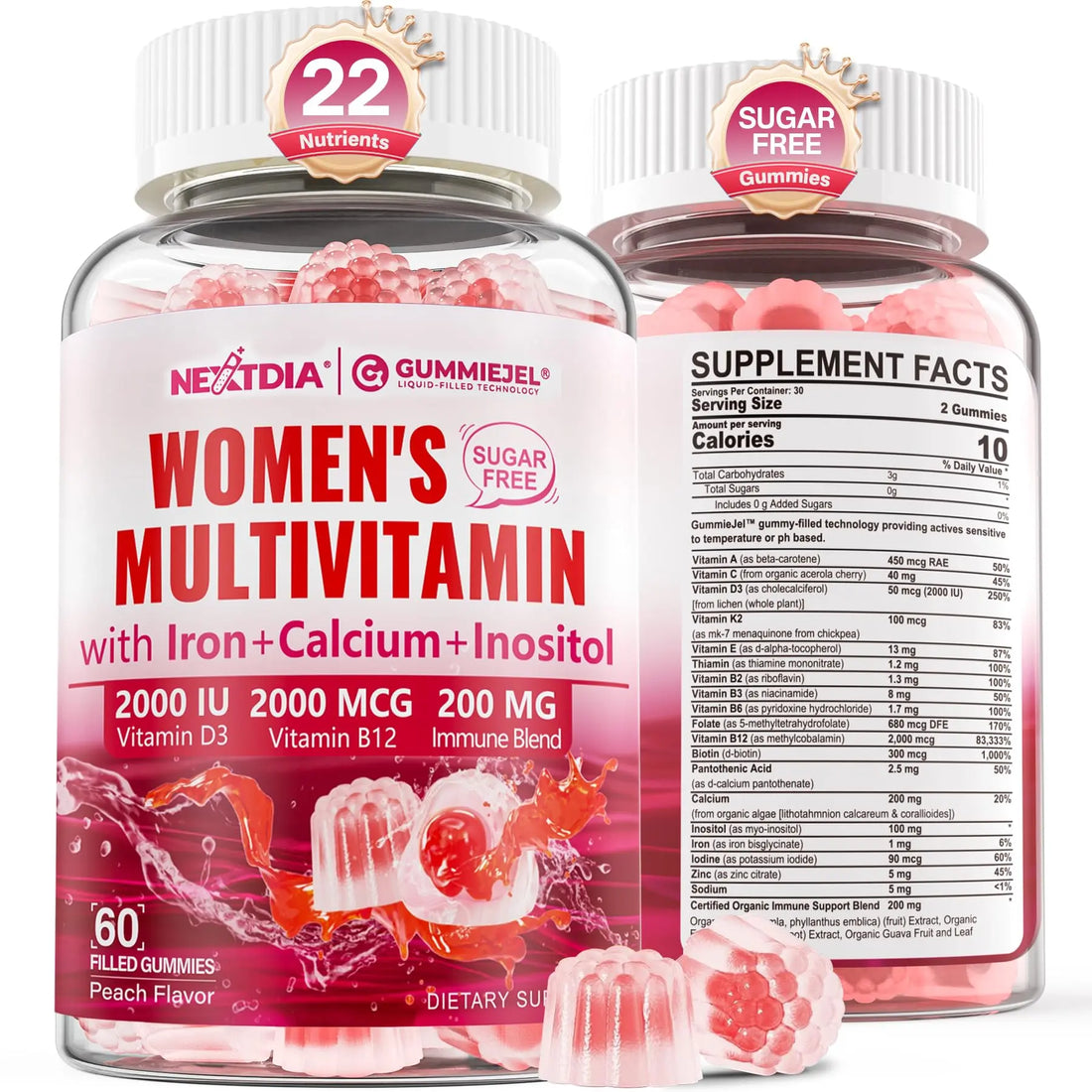 Methylated Multivitamin for Women Gummies, Calcium, D3 K2, Methylfolate & B12, Inositol, Daily Vitamin A C E, B Complex, Biotin, Zinc Nextdia Au supplements