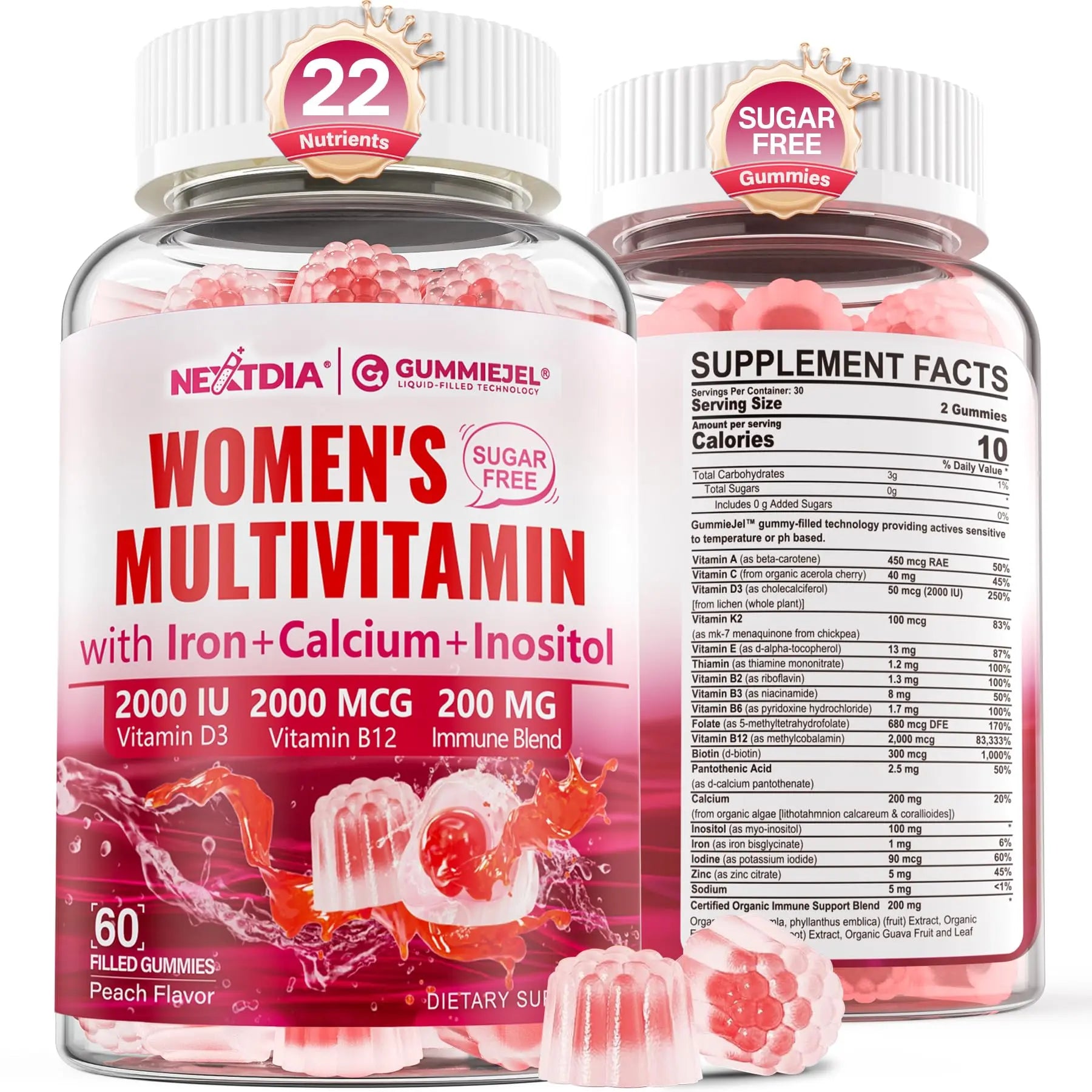 Methylated Multivitamin for Women Gummies, Calcium, D3 K2, Methylfolate & B12, Inositol, Daily Vitamin A C E, B Complex, Biotin, Zinc Nextdia Au supplements