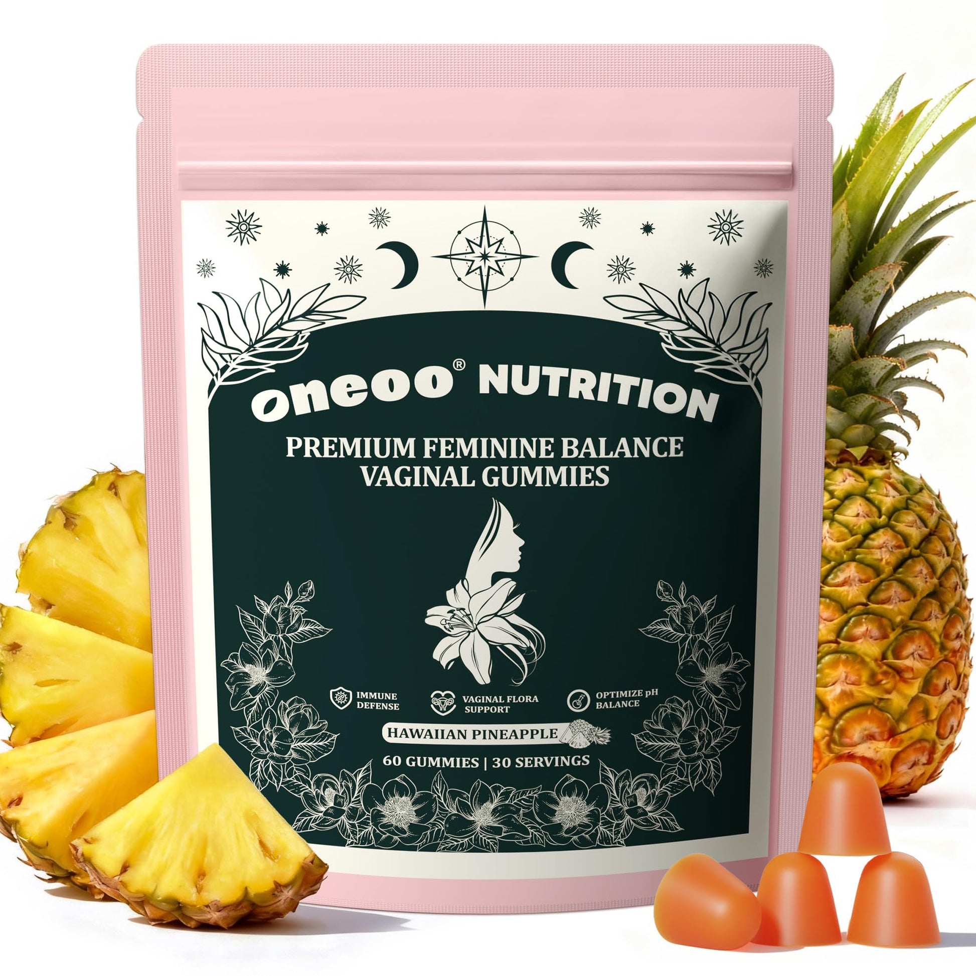 Oneoo Feminine Balance Gummies - Premium Balance Gummies for Women's pH Health, Feminine Gummy for Immune & Energy Support, Vegan, Gluten-Free, Hawaiian Pineapple, 60 Count Oneoo Au supplements