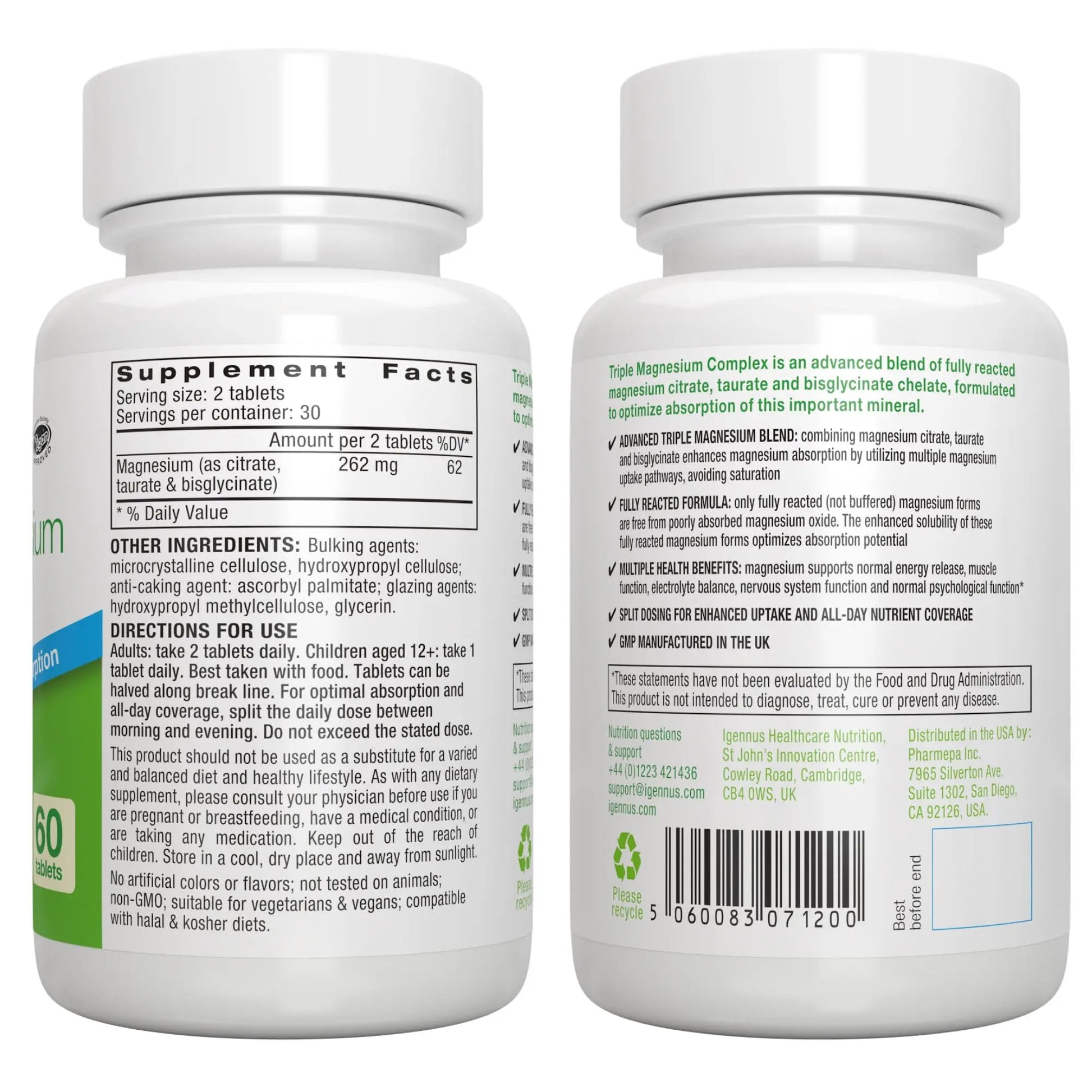 Igennus Superior Triple Magnesium Complex, Fully Reacted & Chelated Glycinate, Taurate & Citrate, Clean Label, High Bioavailability & Absorption, 60 Tablets, Vegan, Non-Buffered Igennus Healthcare Nutrition Au supplements